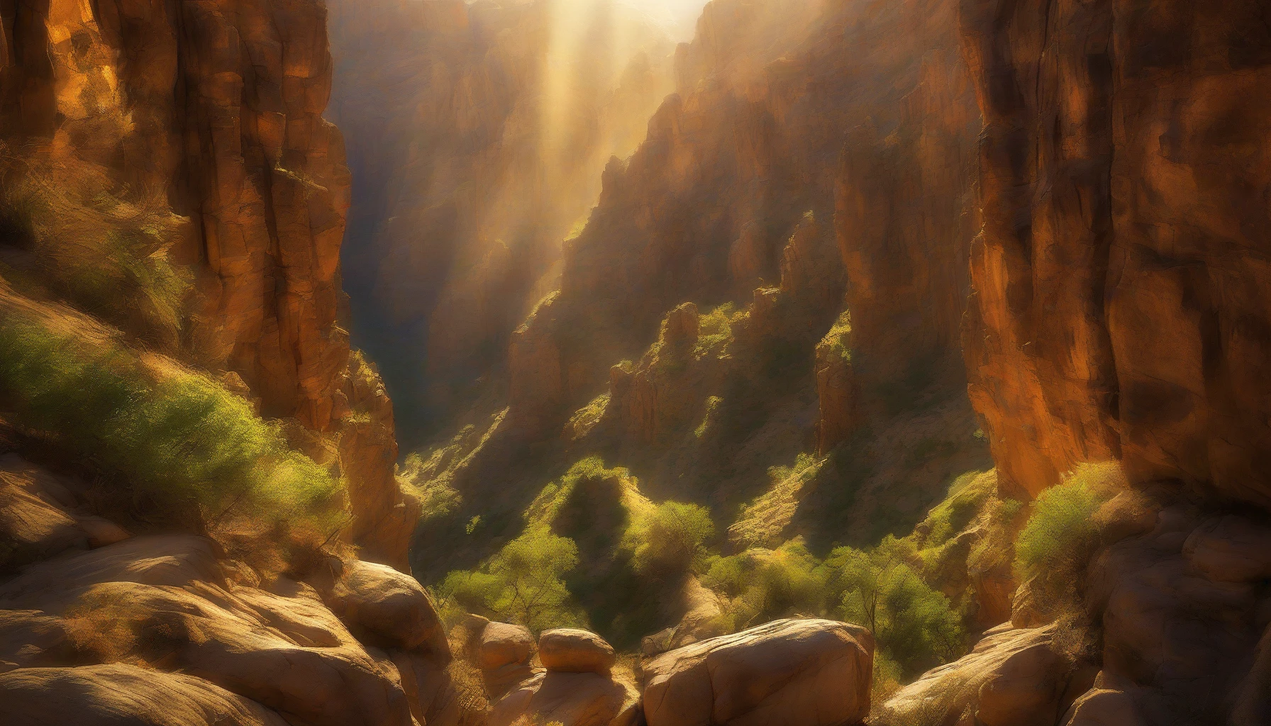 A breathtaking narrow canyon bathed in golden sunlight, where shafts of light filter through the jagged rocky walls. The warm glow highlights the intricate textures of the stone, creating a mesmerizing interplay of light and shadow. Lush greenery peeks through crevices, adding a splash of life to the rugged landscape. The scene evokes a sense of serenity and wonder, inviting viewers to explore this hidden gem of nature.
