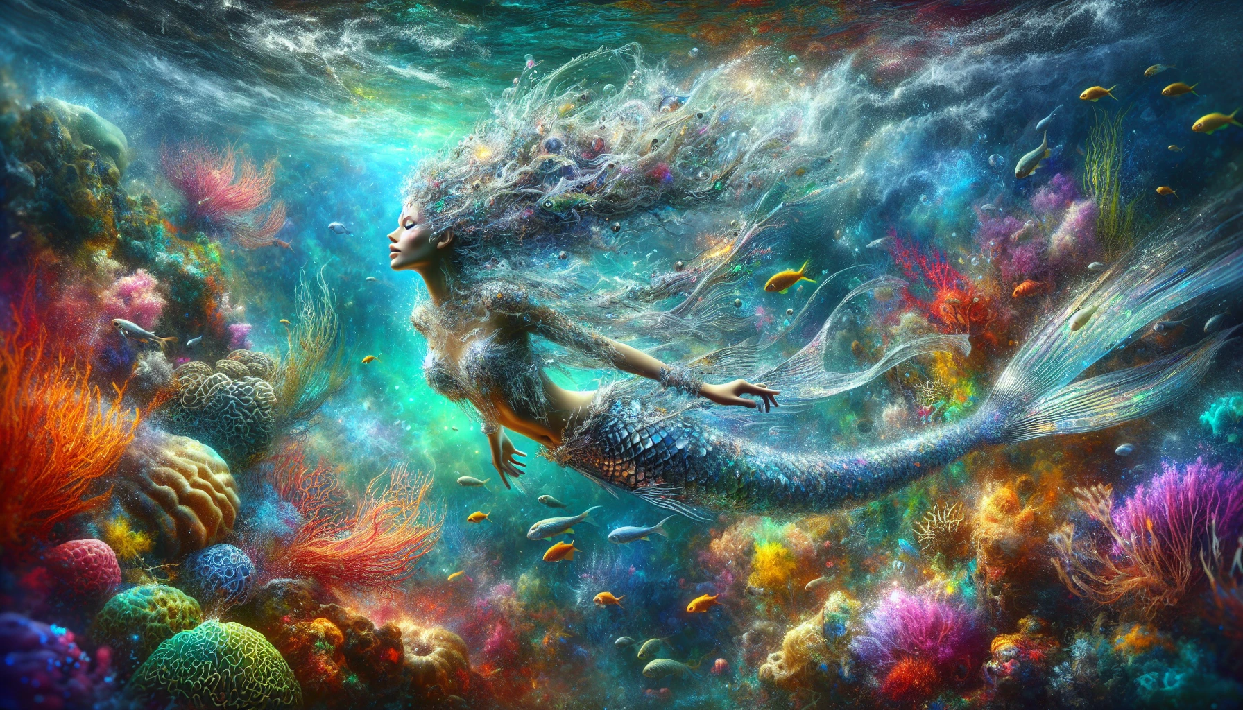 Dive into an underwater realm where an enchanting mermaid shimmers with iridescent scales that glisten like jewels under the sun. Her flowing hair, kissed by ocean currents, dances gracefully around her as vibrant coral and schools of colorful fish create a vibrant backdrop. The interplay of light and texture brings her mesmerizing features to life, capturing the essence of a mythical creature amidst a magical sea landscape.