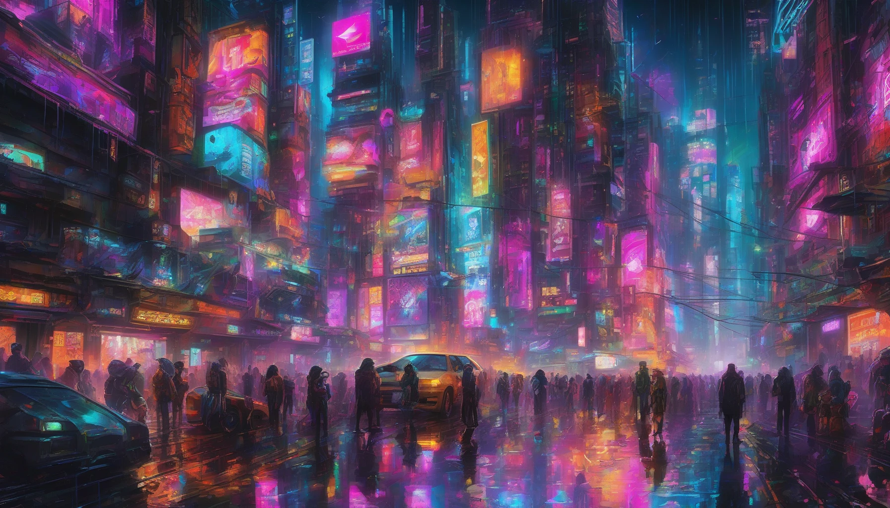 Immerse yourself in a bustling, neon-soaked cyberpunk metropolis at night. Towering skyscrapers adorned with vibrant holographic advertisements stretch towards the dark sky, casting colorful reflections on rain-slicked streets below. Crowds of diverse characters, clad in futuristic attire, navigate the maze of alleyways filled with glowing graffiti and flickering lights. In the background, a high-speed monorail whizzes past, adding to the electric atmosphere of a city alive with energy and intrigue.