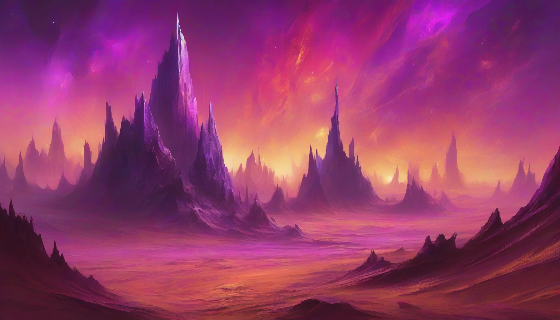 Envision a vast alien desert, its sands shimmering in hues of violet and gold under a twin sunset. Towering crystalline structures rise majestically, their facets reflecting the light in an ethereal dance of colors. Jagged peaks rise like natural skyscrapers, surrounded by eerie, luminescent flora. The atmosphere is thick with mystery, as swirling winds carry whispers of ancient secrets hidden within this otherworldly landscape.