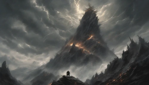 In a dramatic scene, a colossal villain stands atop a jagged mountain peak, arms raised to the sky, unleashing an electrifying shockwave that ripples through the landscape. Dark clouds swirl ominously above, crackling with energy, while debris and tree branches are violently swept away by the sheer force. The air shimmers with power, and onlookers below gaze in awe and terror as the ground trembles beneath their feet.