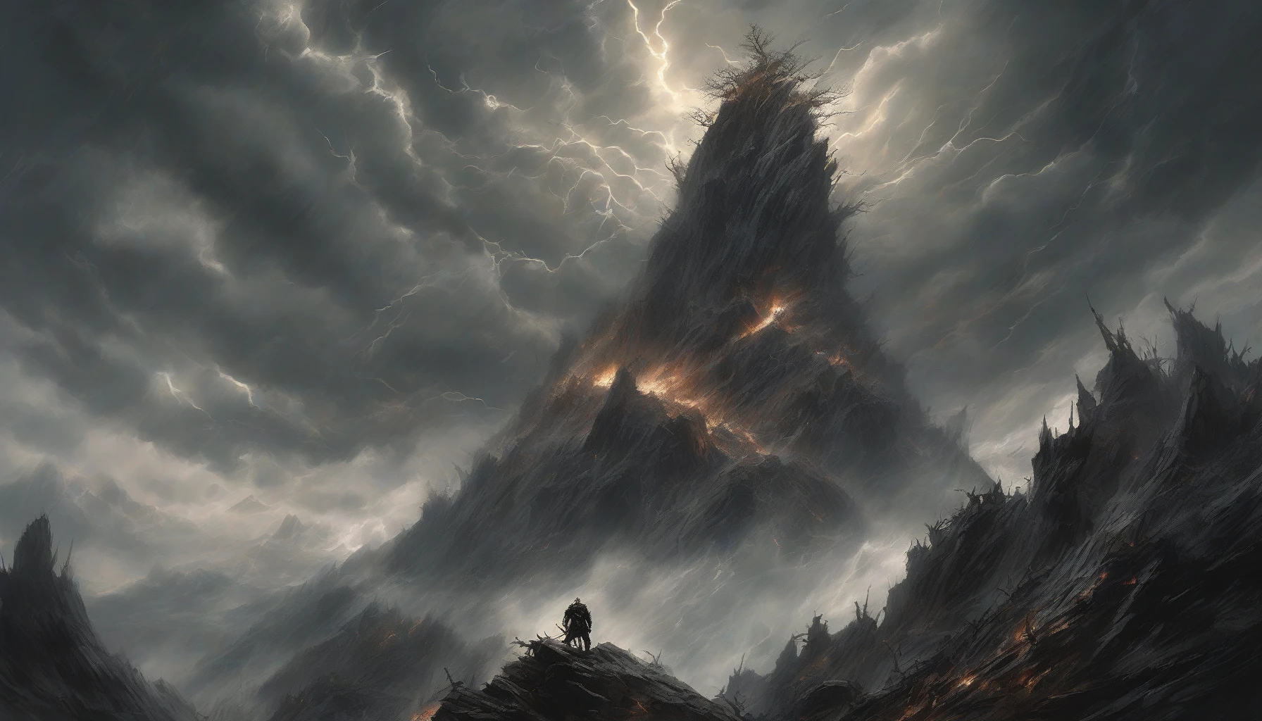 In a dramatic scene, a colossal villain stands atop a jagged mountain peak, arms raised to the sky, unleashing an electrifying shockwave that ripples through the landscape. Dark clouds swirl ominously above, crackling with energy, while debris and tree branches are violently swept away by the sheer force. The air shimmers with power, and onlookers below gaze in awe and terror as the ground trembles beneath their feet.