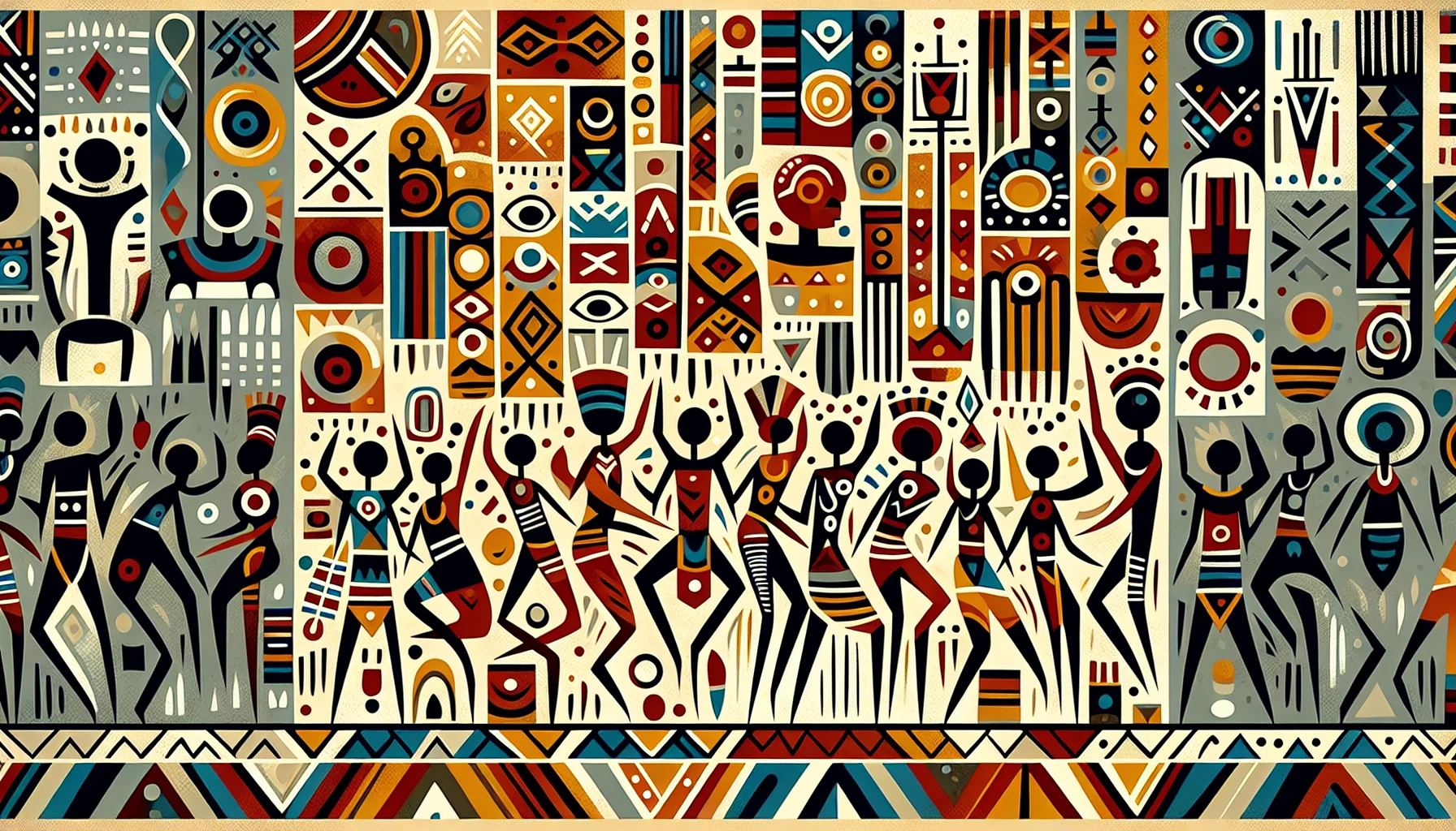 A vibrant display of African tribal art splashes across the canvas, intertwining intricate patterns with bold colors. Each shape tells a story, reflecting the culture and spirit of the community. Rich earth tones blend with vivid reds, blues, and yellows, while stylized figures dance in rhythm to ancestral beats. The artwork captures the essence of unity and tradition, inviting viewers to explore the depth of African heritage.