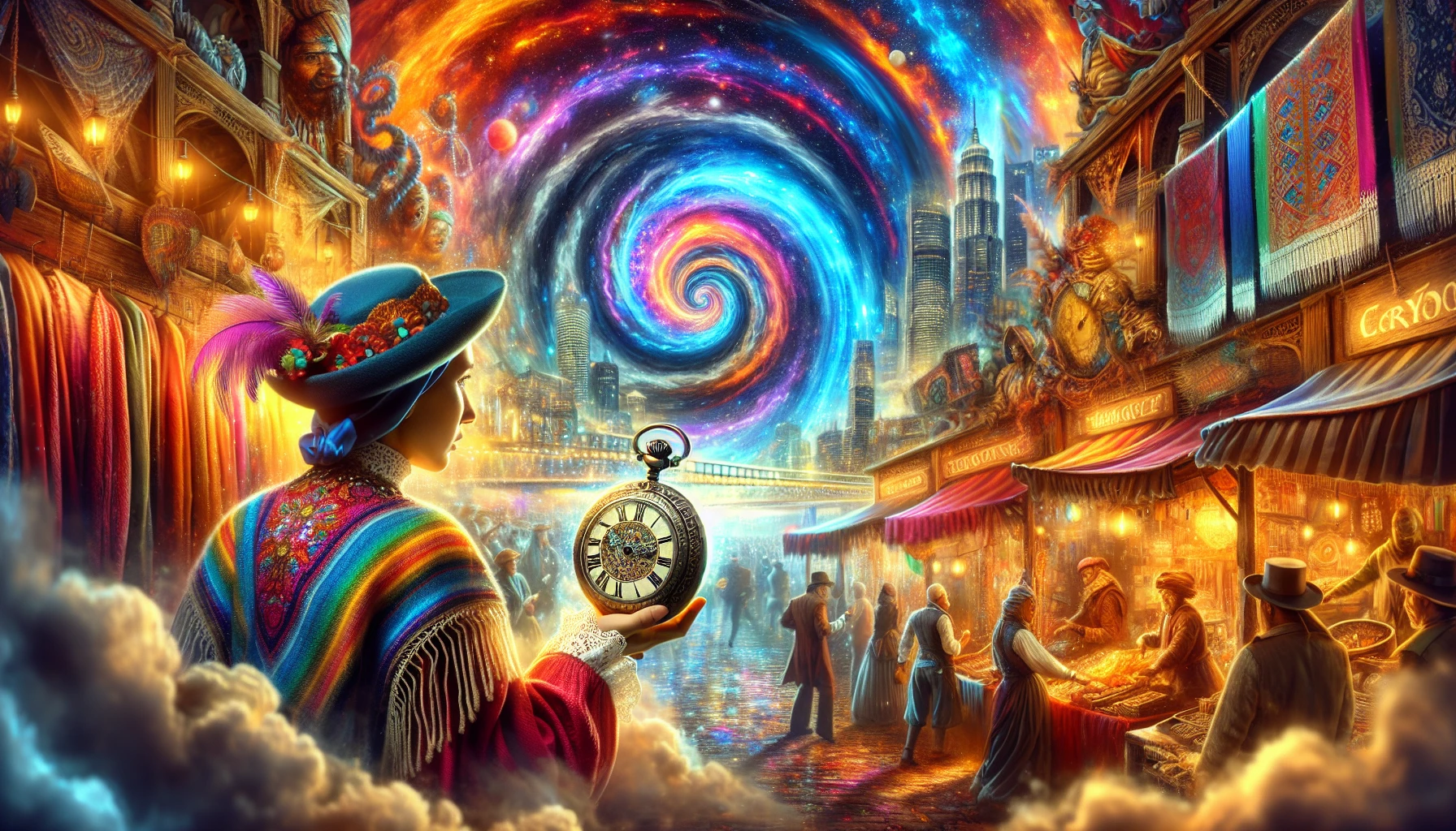 Imagine a vibrant scene where a swirling vortex of time connects distinct historical eras. On one side, a bustling Renaissance market, alive with artisans and colorful fabrics, contrasts sharply with a futuristic city skyline glowing with neon lights. In the foreground, a time traveler in eclectic attire peers through an ornate pocket watch, their expression a blend of wonder and anticipation, embodying the thrill of possibility.