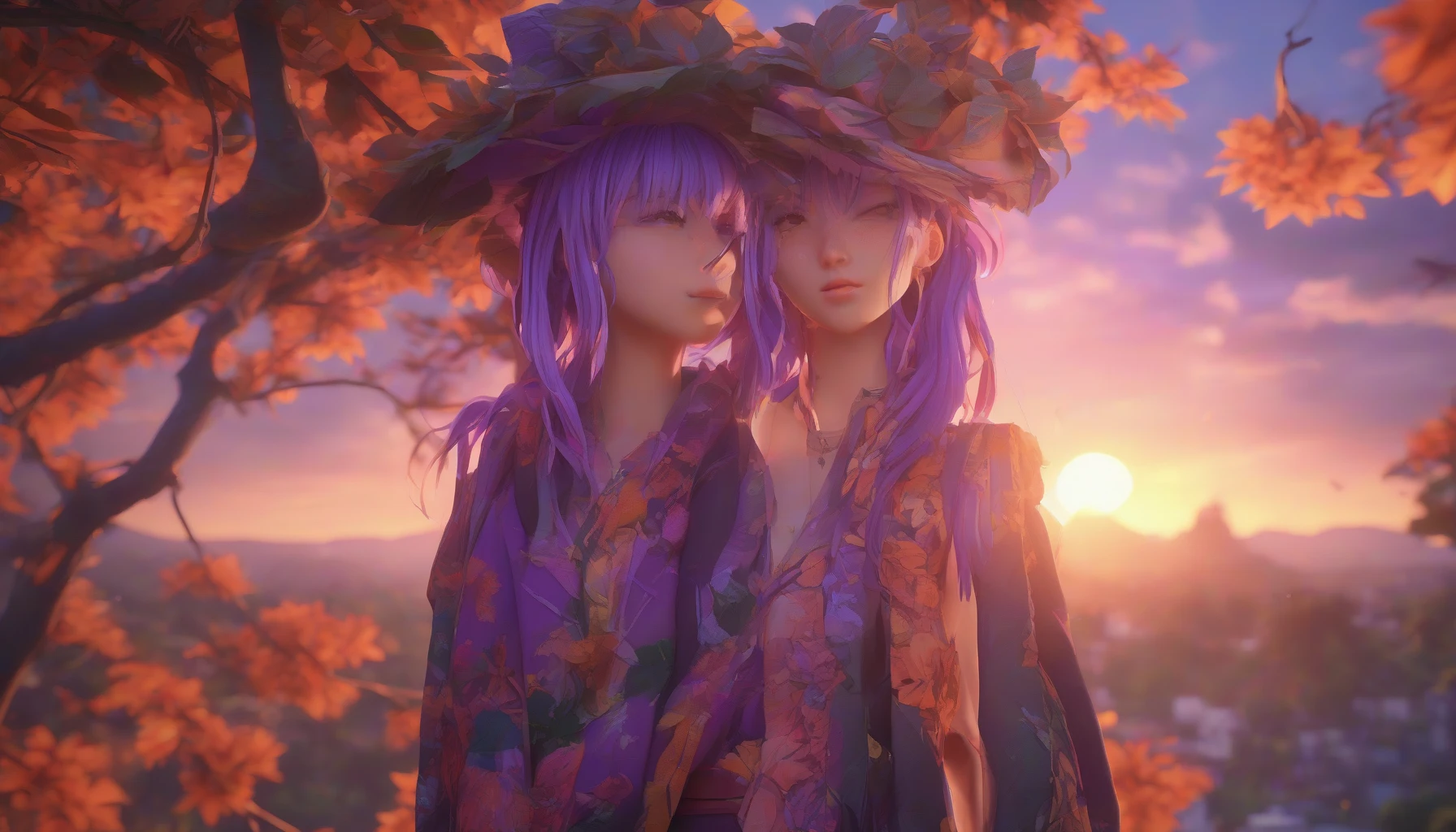 Imagine a stunning 3D-rendered scene that seamlessly blends anime aesthetics with hyper-realistic textures. A vibrant character stands at the forefront, sporting intricately detailed clothing and lifelike skin that glimmers under a setting sun. The background features a lush landscape, where every leaf is meticulously crafted, and the sky transitions from warm oranges to deep purples. This striking merger invites viewers to explore a fantastical yet tangible universe.