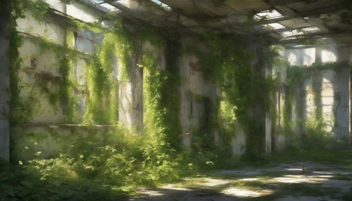 Envision a decaying military base, its rusted structures cloaked in vibrant green vines and wildflowers. Crumbling walls provide a backdrop for the chaotic beauty of nature reclaiming its space. Sunlight filters through the tangled foliage, casting dappled shadows on the cracked concrete floors. The distant sound of chirping birds fills the air, a serene contrast to the remnants of past conflicts, showcasing the resilience of life amidst abandonment.