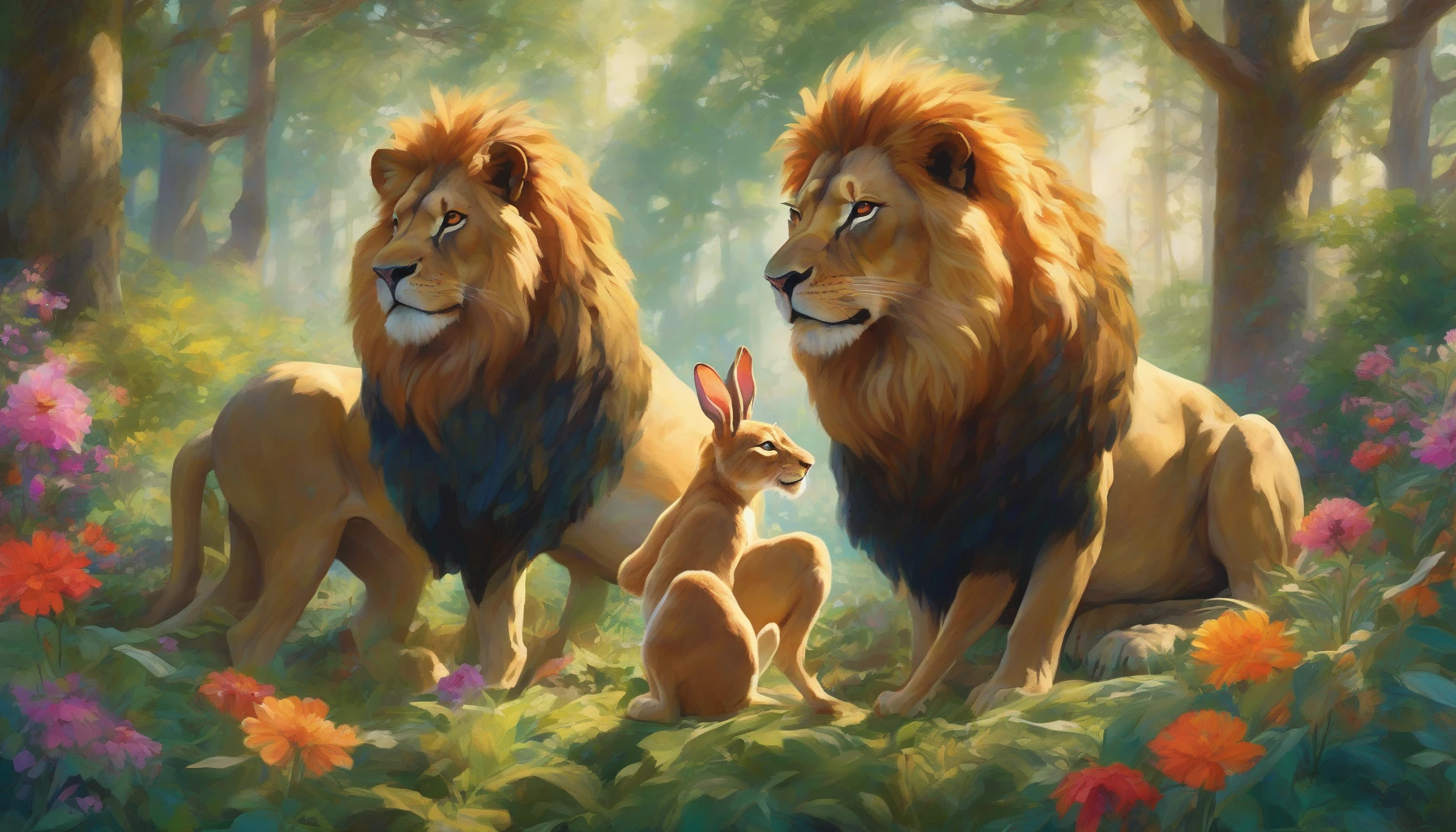 In a vibrant forest clearing, a fierce lion and a timid rabbit share a moment of unexpected camaraderie. Sunlight filters through the canopy, casting a warm glow on their contrasting forms. The lion, majestic and powerful, lowers its head in a gesture of peace, while the rabbit, wide-eyed yet trusting, leans closer. Surrounding them, colorful flowers bloom, symbolizing the beauty of friendship amidst differences.