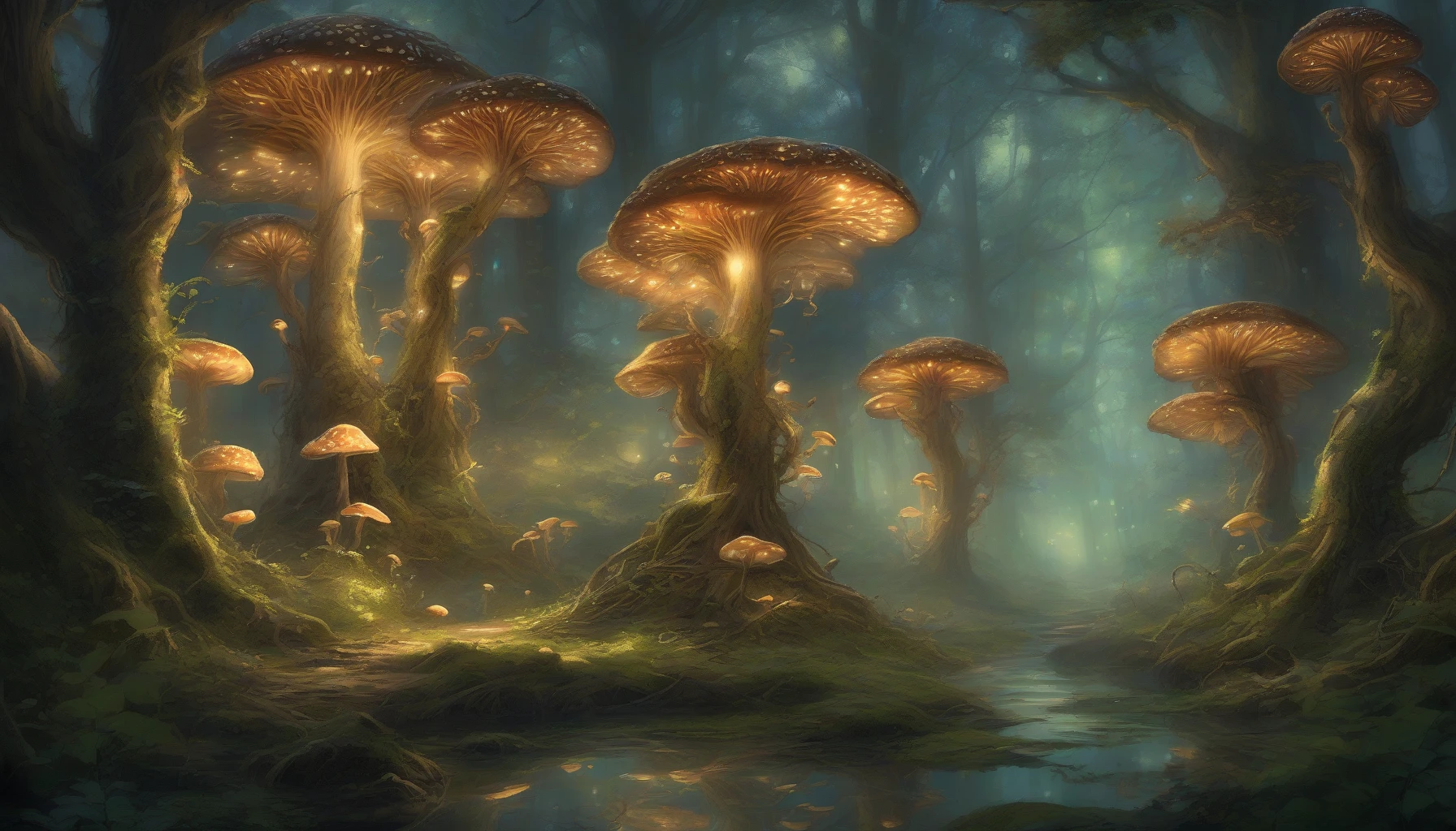 Imagine a mystical forest at twilight, bathed in the soft luminescence of glowing mushrooms. Tall, ancient trees tower overhead, their gnarled branches draped with delicate vines. The air is filled with whimsical spores that dance in the gentle breeze, casting ethereal shadows on the forest floor. Nearby, a clear stream reflects the enchanting light, inviting explorers to uncover the magic hidden within this vibrant, otherworldly realm.