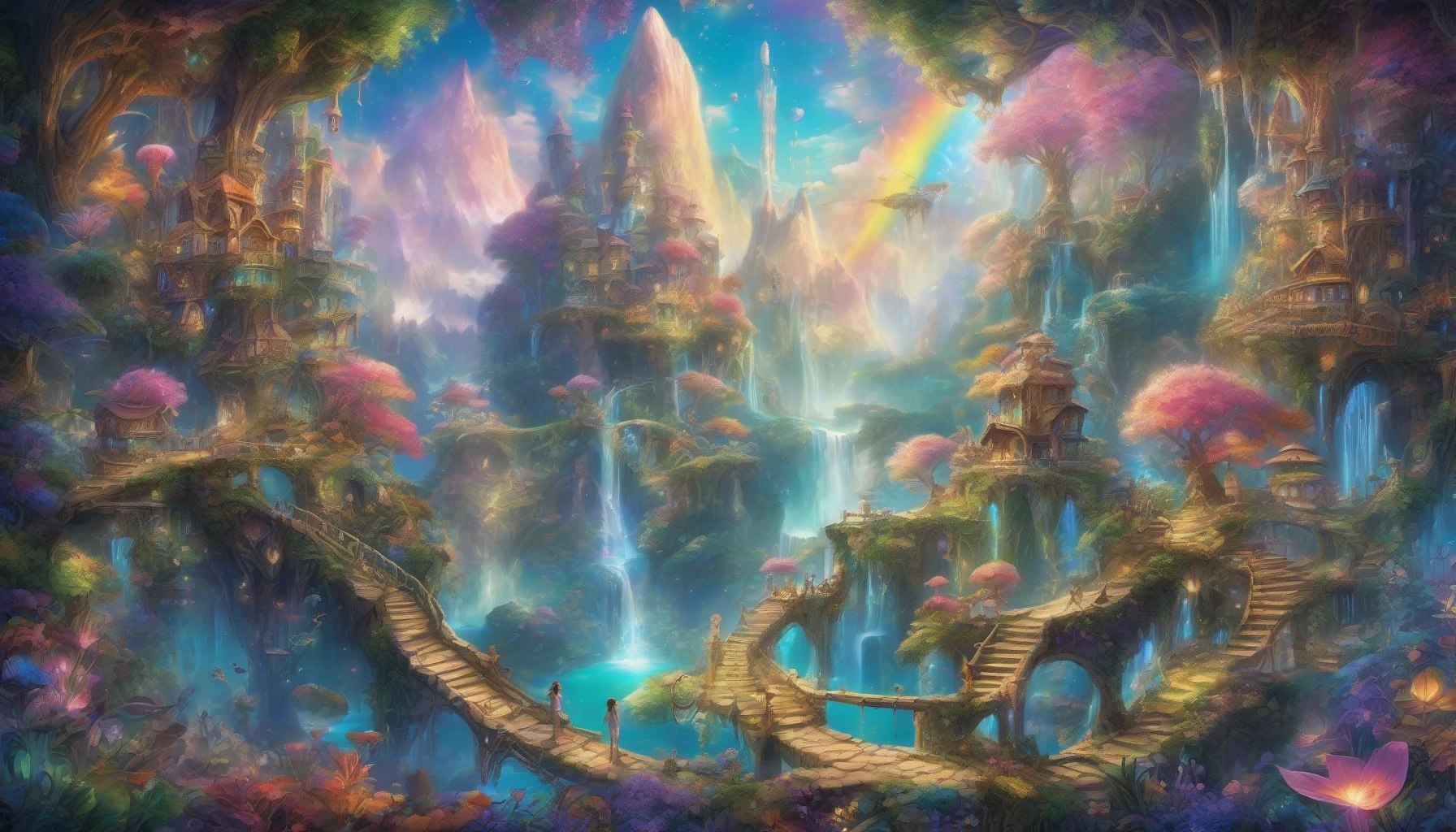 Dive into a vibrant fantasy world where lush, rainbow-hued landscapes meet intricate details. Picture towering crystal mountains, softly glowing flora, and enchanted creatures roaming freely. Imagine a sky swirling with pastel clouds and shimmering stars, while sparkling waterfalls cascade into luminous lakes. Every corner reveals hidden wonders, from ornate fairy dwellings to mysterious, ancient trees, creating a captivating tapestry that invites exploration and ignites the imagination.