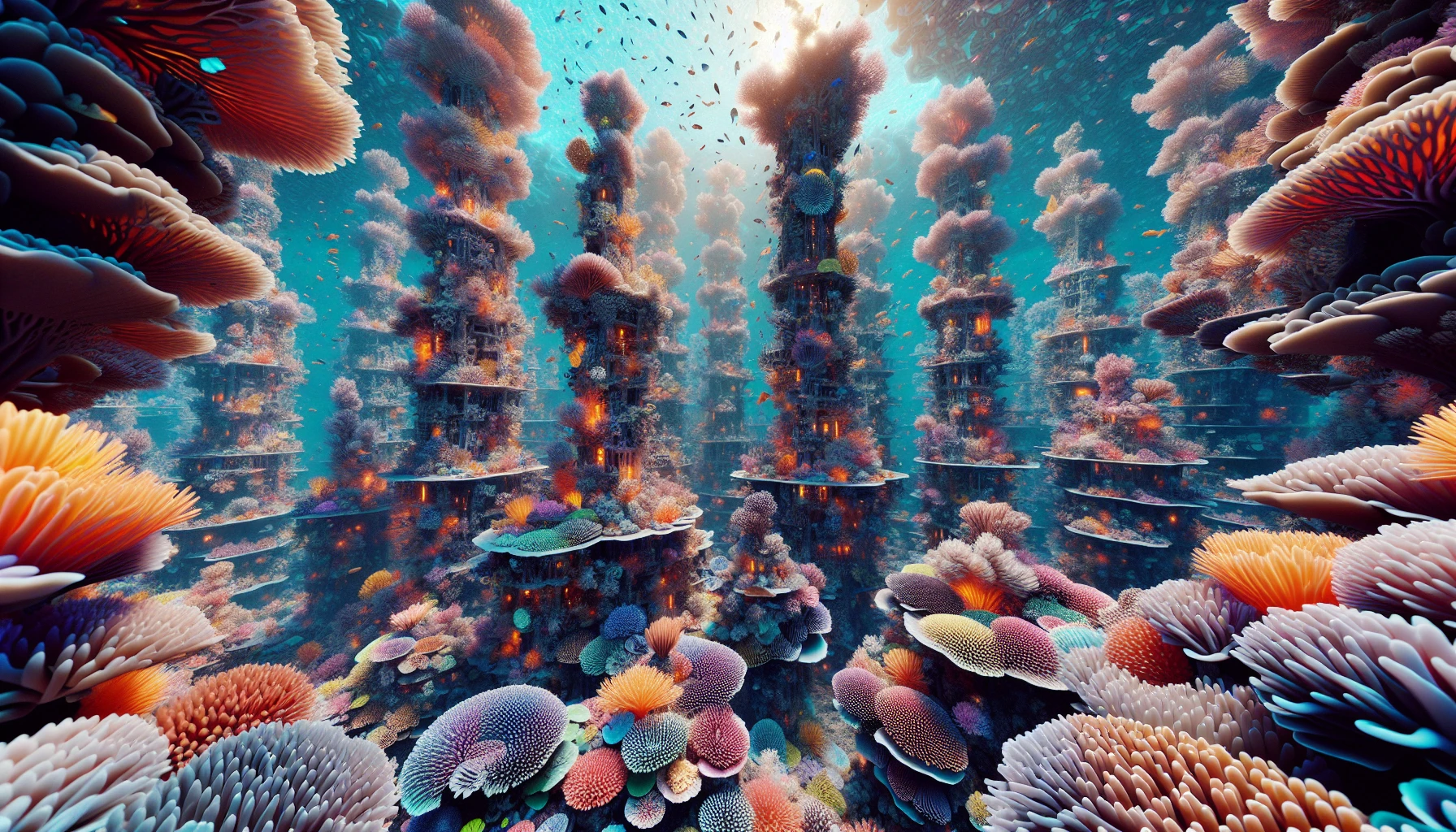 Dive into a vibrant underwater world where a stunning coral city flourishes, adorned with luminous corals and teeming with colorful marine life. Towering coral structures mimic skyscrapers, their intricate patterns pulsing with bioluminescence. Schools of fish weave through the archways, while gentle sunlight filters down, creating a surreal ambiance. Explore this enchanting realm, where nature's artistry and marine wonders blend harmoniously beneath the waves.