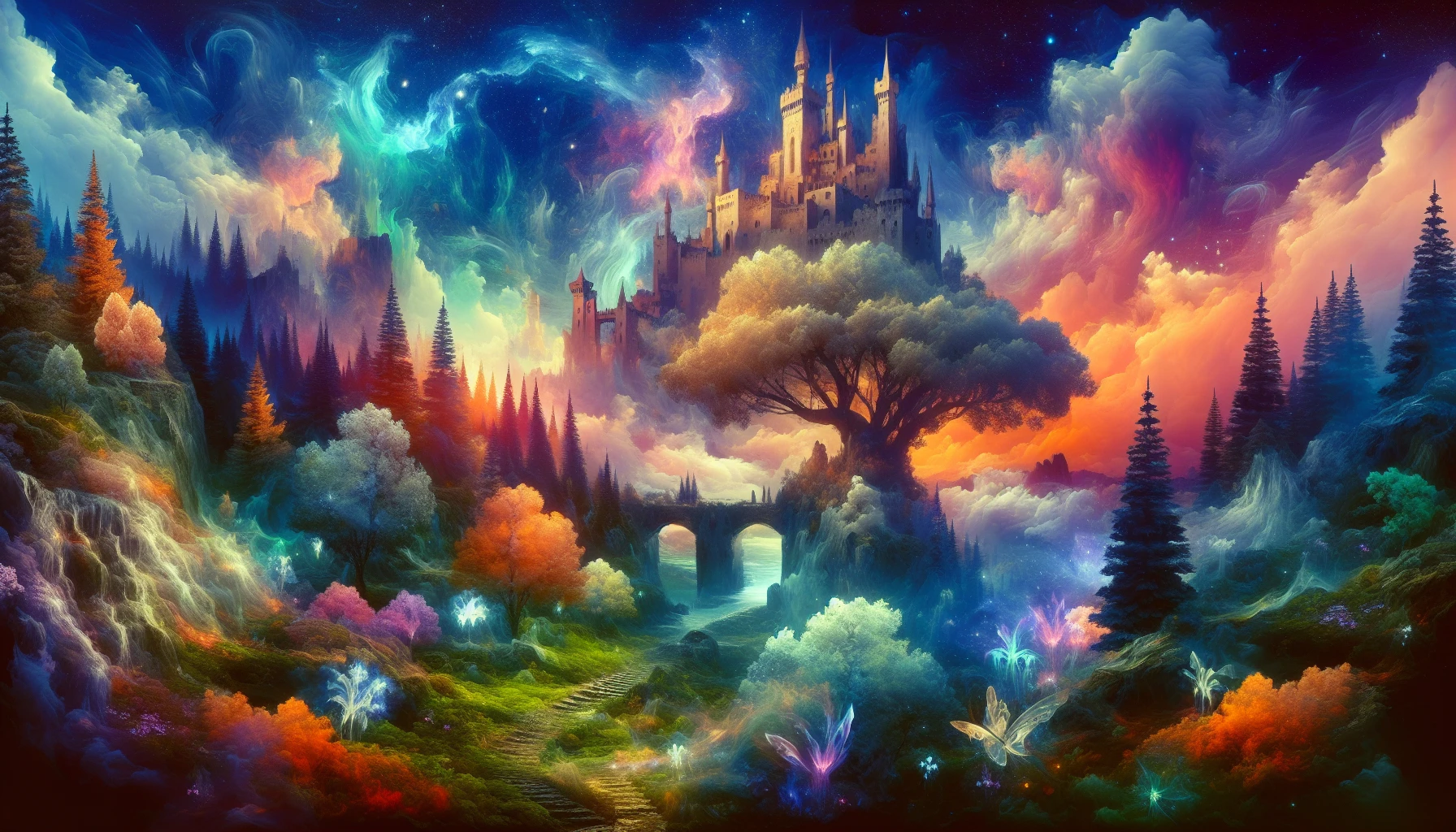 Step into a mesmerizing fantasy world where vibrant forests teem with mystical creatures, and towering castles pierce the clouds. Luminescent flora and swirling mists create an ethereal atmosphere, while ancient ruins whisper secrets of forgotten magic. Above, a sky painted in hues of twilight, dotted with shimmering stars and celestial beings, invites adventurers to explore the endless wonders of this enchanting realm.