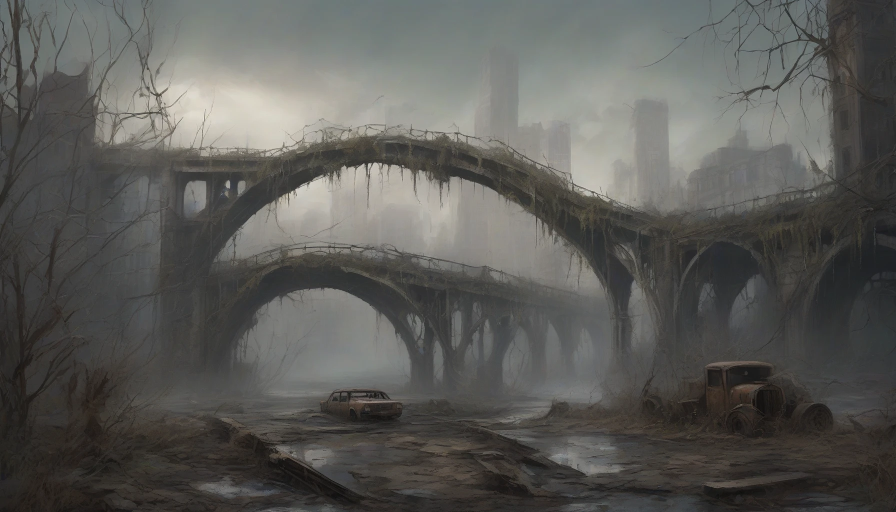 In a post-apocalyptic landscape, a once-majestic bridge lies in ruins, its cracked arches entwined with creeping vines. Below, the remnants of a city are scattered with crumbling buildings, half-buried in earth and debris. A haunting fog weaves through the scene, as rusted vehicles stand still, frozen in time. The atmosphere is heavy with nostalgia, evoking a sense of history lost and the resilience of nature reclaiming its territory.