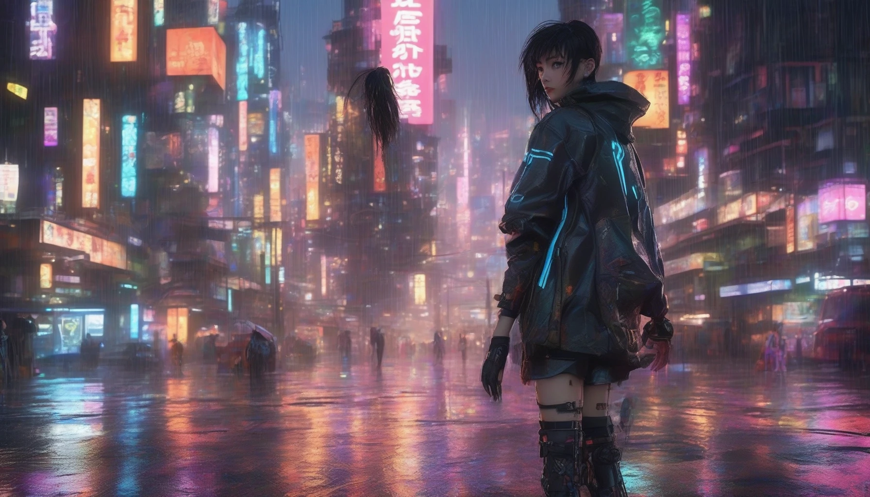 Immerse yourself in a stunning 3D-rendered scene where vibrant anime characters come to life against a backdrop of incredibly realistic textures. Picture a bustling cyberpunk cityscape at dusk, illuminated by neon lights reflecting off rain-soaked streets. Each character expresses a blend of fantasy and realism, adorned with intricate clothing and lifelike skin textures, inviting viewers into a world that blurs the lines between imagination and reality.