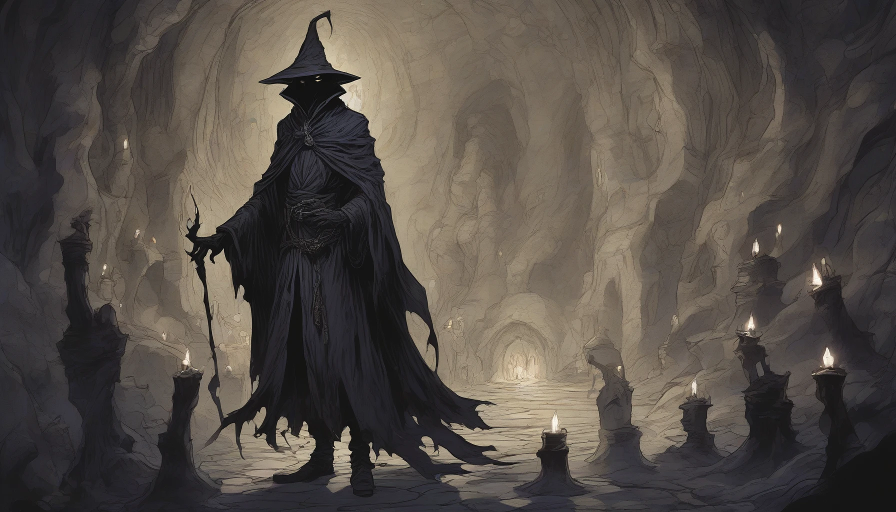 In a dimly lit cavern, cloaked in swirling shadows, a dark mage stands before a circle of flickering candles. With a raised staff, he summons menacing shadow creatures that writhe and twist, emerging from the depths of darkness. The air crackles with energy, illuminated by occasional flashes of eerie light, casting haunting silhouettes on the stone walls. Wisps of fog slither around his feet, amplifying the foreboding atmosphere of his powerful incantation.