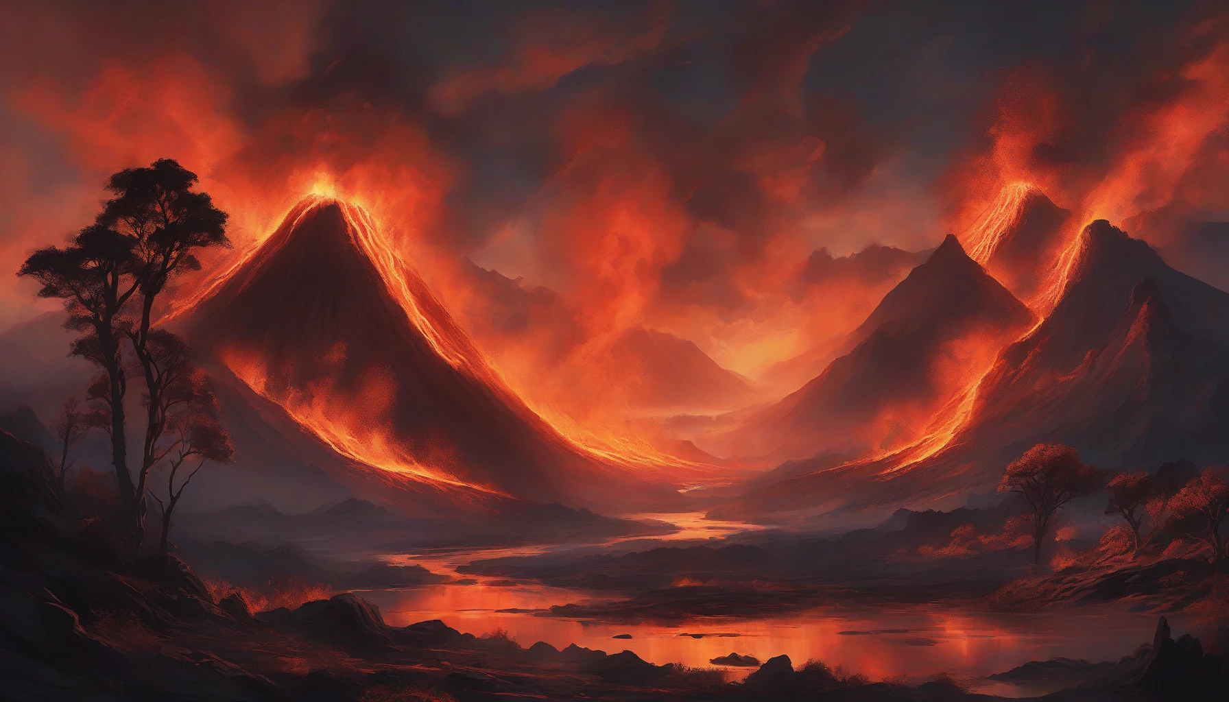 Capture the breathtaking moment of a volcano erupting, with rivers of vibrant lava cascading down the rugged slopes. The fiery orange and glowing red hues contrast against the dark, ash-covered terrain, creating a dramatic and immersive scene. Plumes of billowing smoke rise into a twilight sky, illuminated by the fiery glow below, while distant silhouettes of trees add a sense of scale and awe.