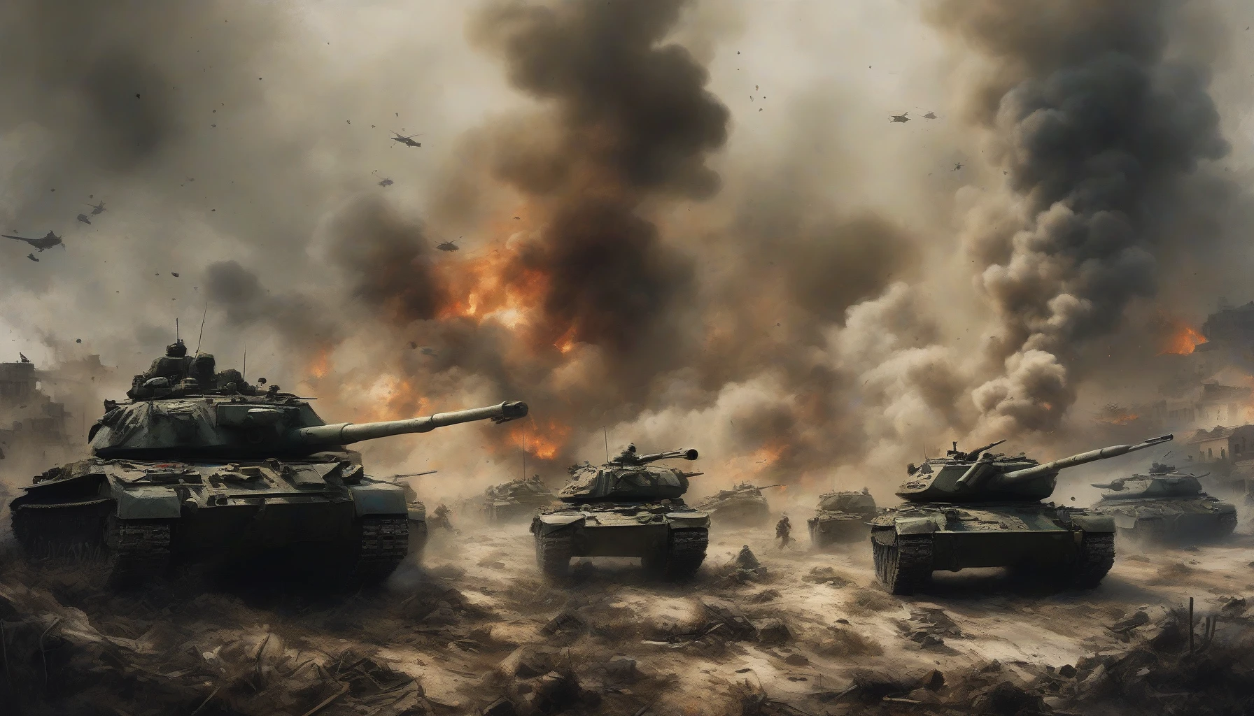 Create a striking image of a chaotic battlefield dominated by hulking tanks maneuvering through dense, swirling smoke. The scene should capture the tension of conflict, with debris scattered across the terrain and hints of darkened skies above. Include silhouettes of soldiers in the foreground for scale, emphasizing the raw energy and the stark reality of war. The colors should be a mix of grays, browns, and the occasional fiery orange to heighten the drama.