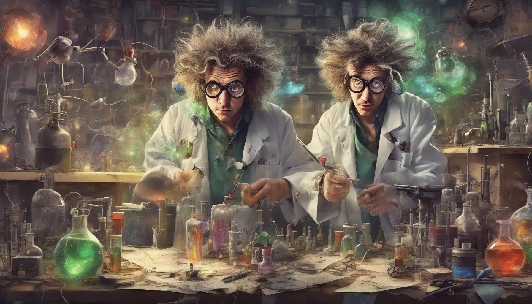 Capture the essence of a brilliant mad scientist, complete with wild, unkempt hair and oversized goggles perched on their forehead. The scene is filled with bubbling potions, scattered papers, and peculiar gadgets. The scientist stands at a cluttered workbench, a look of manic inspiration on their face as electric sparks fly around, illuminating the chaos that fuels their groundbreaking experiments.