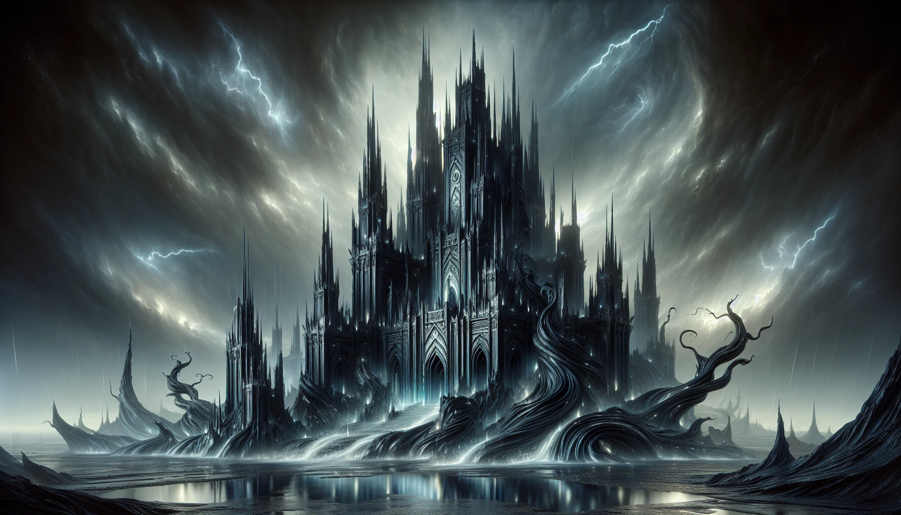 Envision a magnificent fortress hewn from glimmering black obsidian, rising boldly against a stormy sky. Its sharp towers pierce the clouds, while swirling mists of dark energy envelop its base. Luminous runes carved into the stone pulse with an ancient power, casting eerie reflections in the puddles below. Ominous lightning flashes illuminate the scene, revealing glimpses of twisted trees and shadowy figures lurking in the gloom.