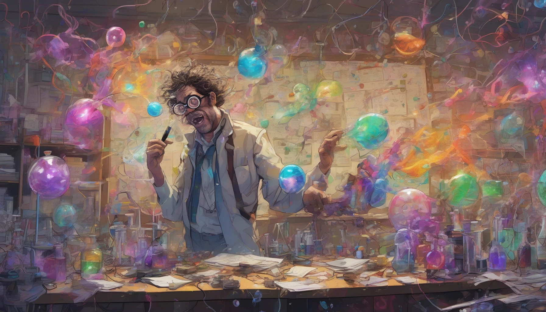 In a cluttered laboratory bathed in dim, flickering light, a wildly eccentric scientist stands at the center, tangled hair bursting from beneath oversized goggles. Test tubes bubble with vibrant colors, and scattered papers litter the chaotic workspace. Sparks of electricity dance in the air as he enthusiastically scribbles equations, embodying the chaotic brilliance of creativity and discovery in a world of scientific wonders.