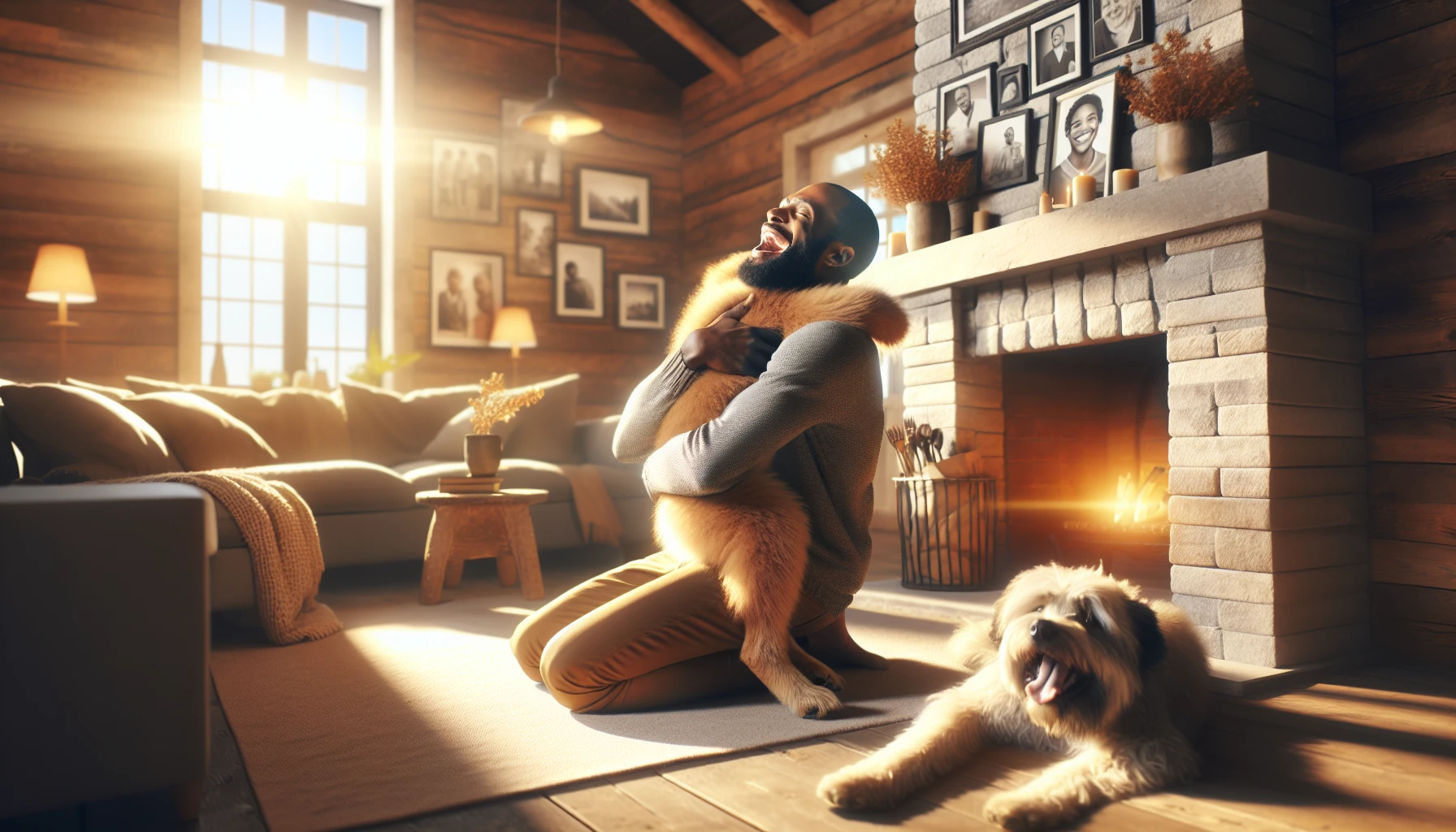 Picture a cozy, sunlit living room adorned with family photographs and warm, earthy tones. In the center, a person enveloped in a heartfelt hug, their face radiating joy and relief after a long journey. The background features a gently flickering fireplace, and a fluffy dog rests nearby, capturing the essence of love and security. The atmosphere is filled with warmth, anticipation, and the sweet smell of freshly baked cookies.