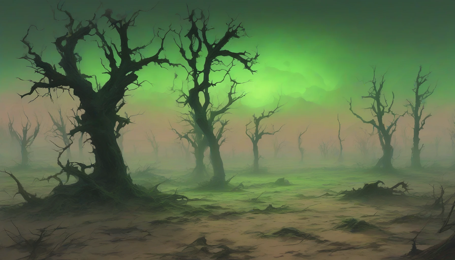 In an eerie landscape marked by desolation, a radioactive wasteland unfolds under a twilight sky. The ground is cracked and barren, with remnants of a forgotten civilization partially buried in the sand. A thick, luminescent green fog blankets the terrain, casting an otherworldly glow. Haunting silhouettes of twisted trees reach skyward, their branches adorned with phosphorescent fungi, while distant ruins loom like specters in the luminous haze.