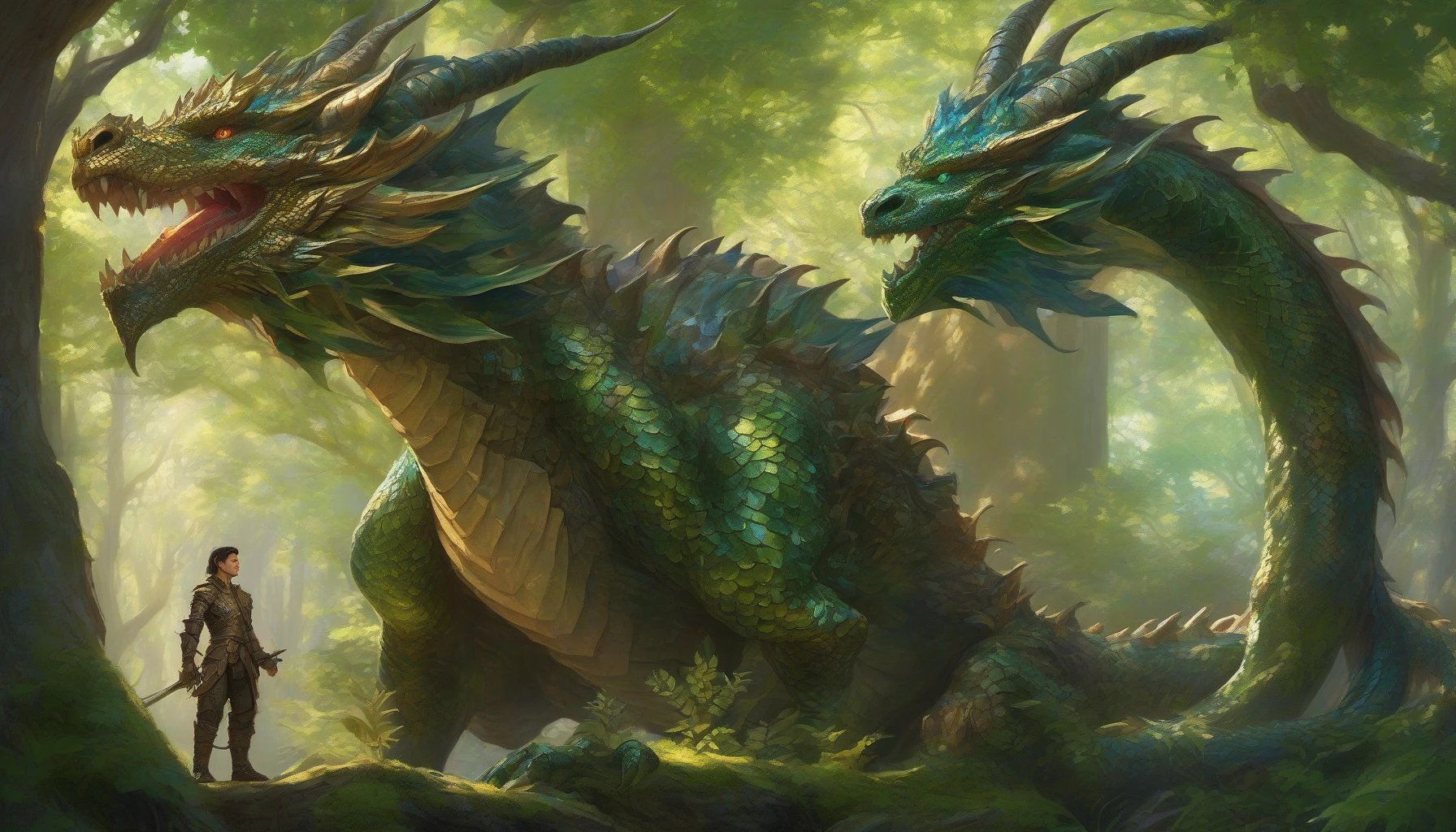 In a vibrant forest, a skilled beast tamer stands confidently beside a majestic, shimmering dragon. The dragon's iridescent scales glisten in the dappled sunlight, its eyes reflecting loyalty and intelligence. The tamer, clad in rugged leather armor adorned with nature-themed motifs, extends a hand toward the dragon, illustrating their unbreakable bond. Lush greenery surrounds them, hinting at the adventures they share in a world filled with magic.