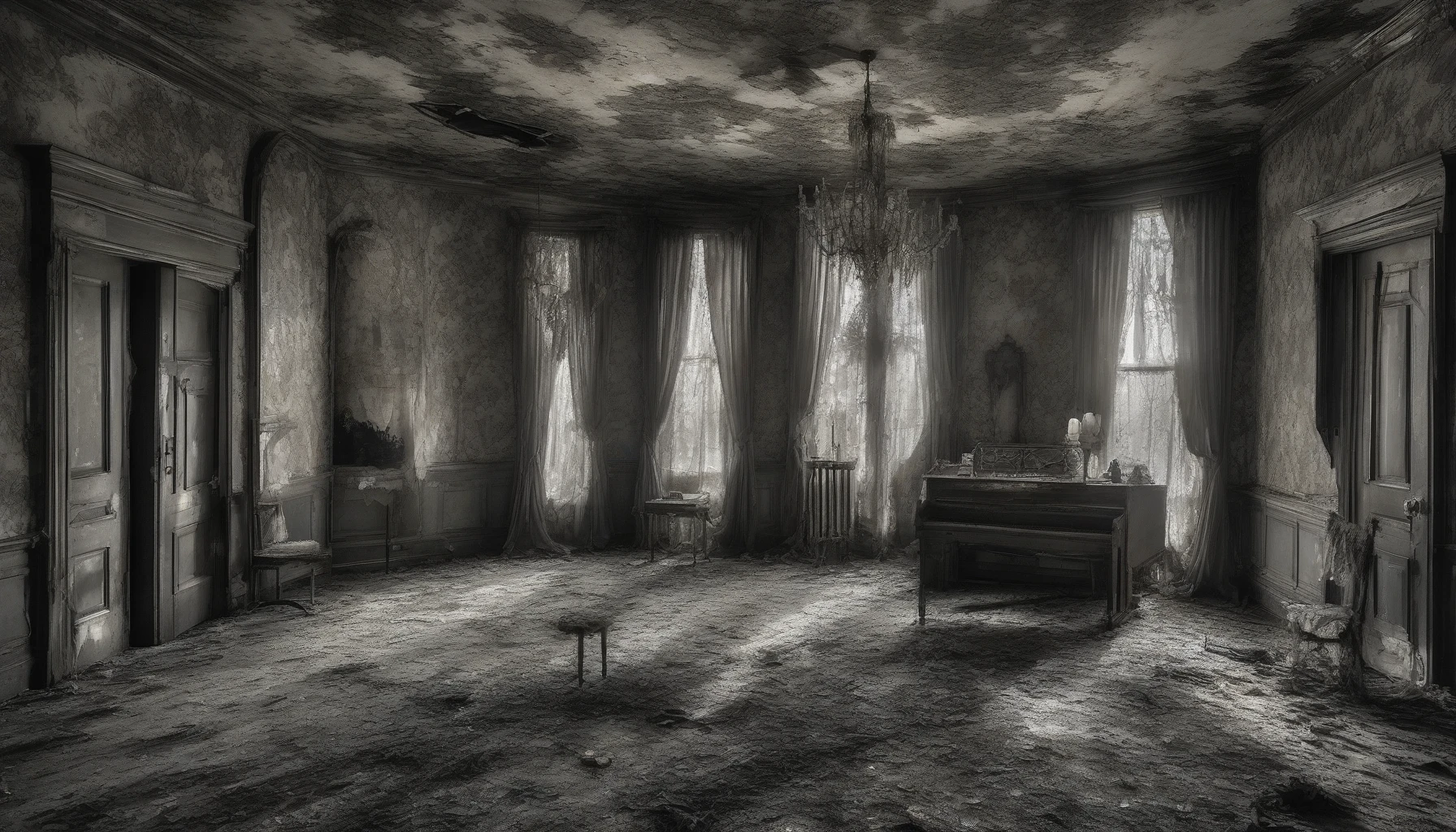 Envision a grand, decaying mansion draped in shadows, its walls adorned with intricate, peeling wallpaper. Flickering candlelight casts eerie, dancing shadows across the floor, illuminating ghostly portraits that seem to watch your every move. Thick cobwebs hang from the ceiling, and a chilling draft carries faint whispers, hinting at the secrets hidden within this haunted abode. An atmosphere of mystery and unease envelops the scene.