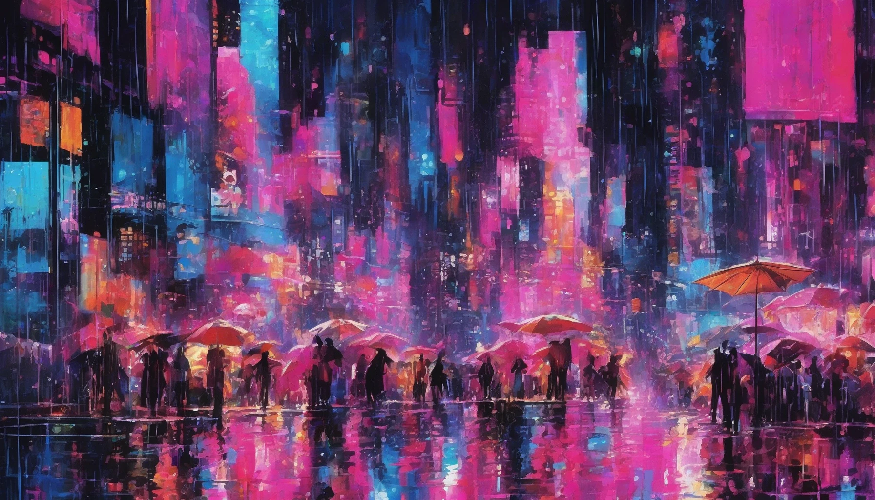 Picture a bustling city at night, where vibrant neon lights reflect off glistening, rain-soaked pavements. The air is thick with the scent of rain and asphalt, while puddles shimmer with a kaleidoscope of colors. Silhouettes of pedestrians, umbrellas in hand, navigate the glistening pathways. Above, towering skyscrapers blaze in hues of pink, blue, and green, creating an electric atmosphere that pulses with life and energy.