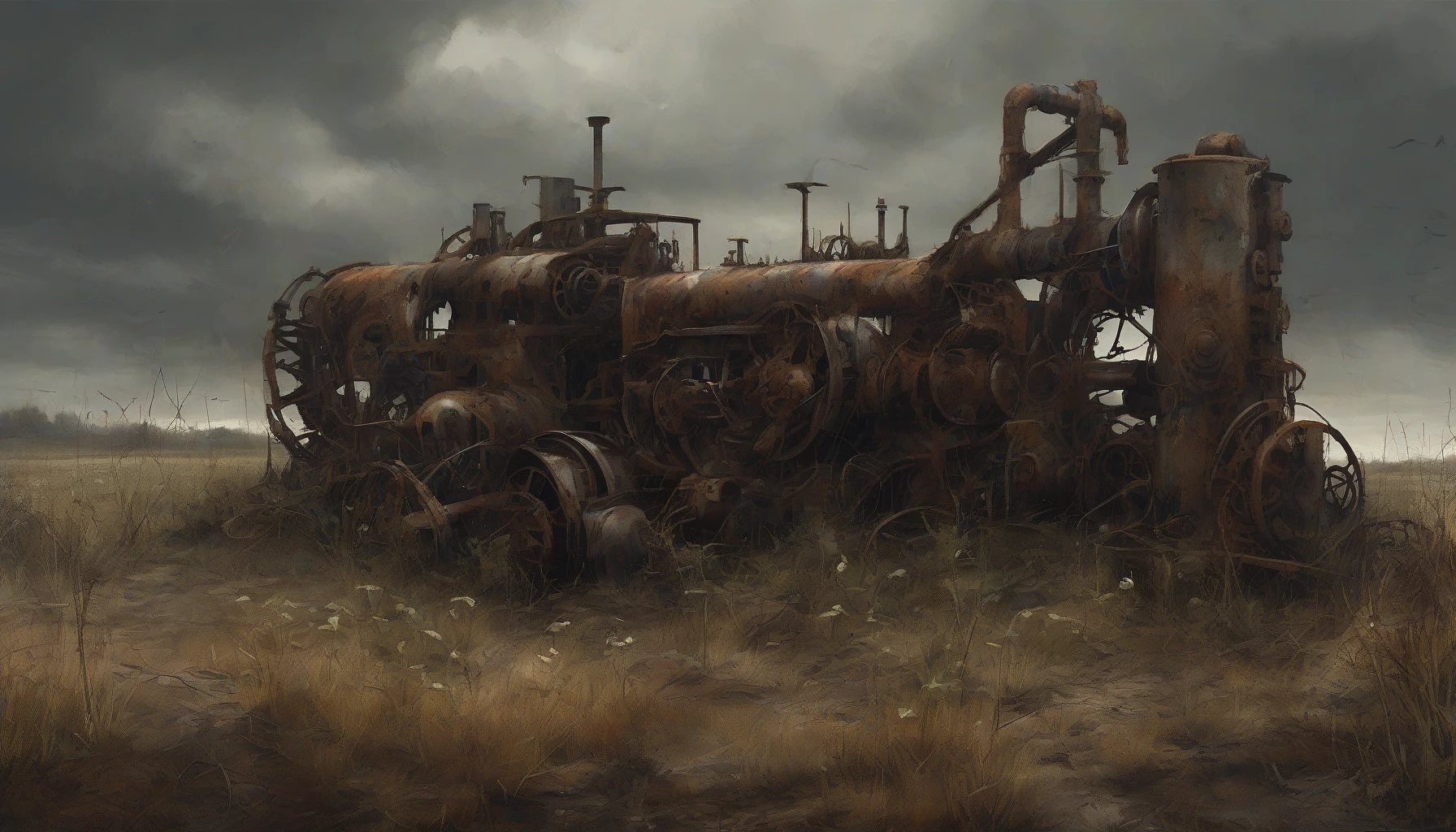 Imagine a desolate field under a brooding sky, littered with the remnants of a once-thriving industrial age. Rusted machines lie abandoned, their metal carcasses tangled in the wild overgrowth. Weeds snake through gears and shattered glass glimmers among the dust. The atmosphere is heavy with a sense of loss, while distant thunder rumbles, hinting at a storm that mirrors the decay of this forgotten landscape.