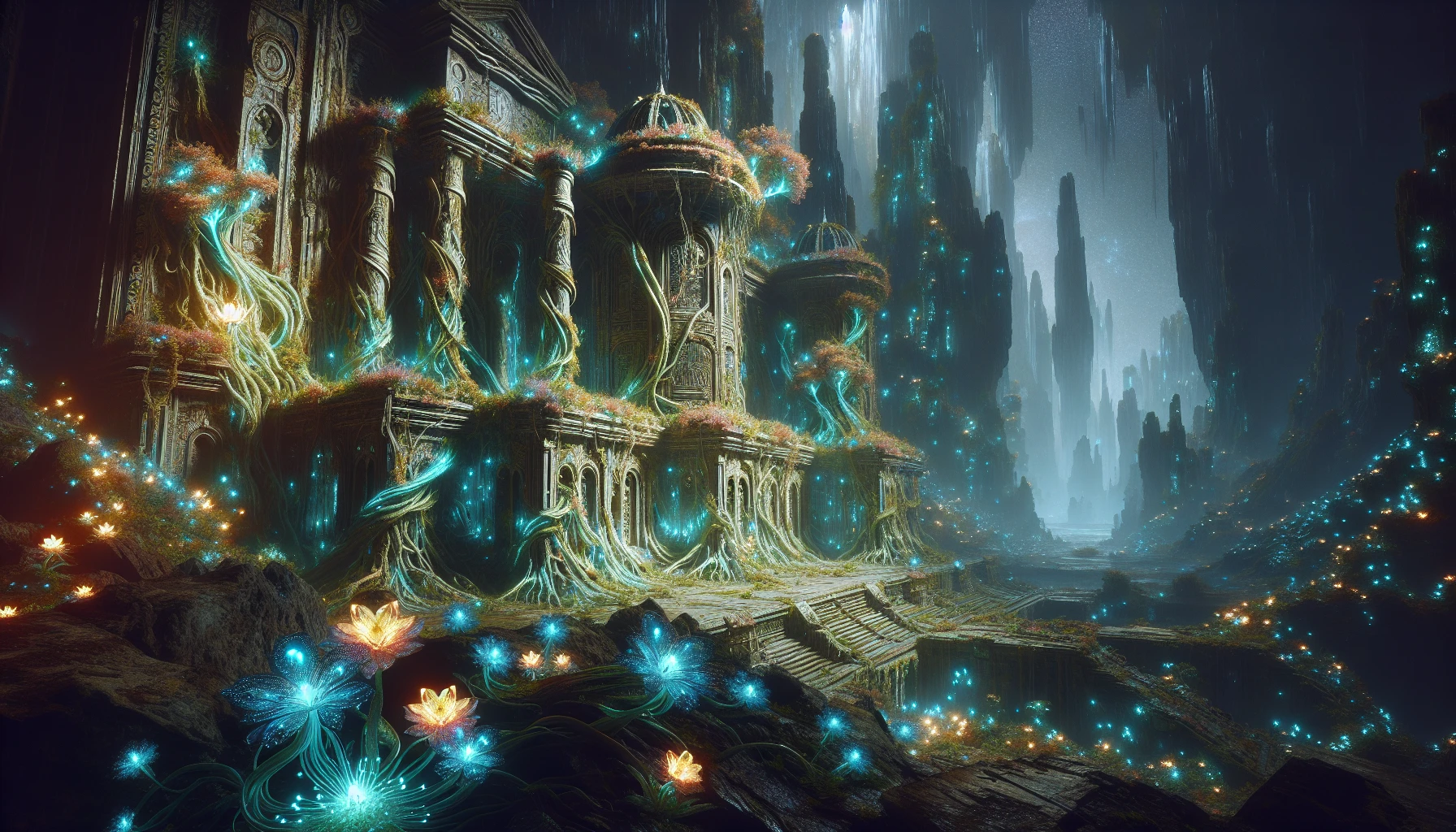 In a remote alien landscape, an abandoned temple rises from the ground, its ancient architecture entwined with glowing vines and radiant flowers. Bioluminescent plants illuminate the ruins, casting ethereal light on the cracked stone walls and intricate carvings of long-lost civilizations. The air is thick with mystery, as vibrant colors pulsate in the twilight, inviting explorers to uncover the secrets hidden within this otherworldly sanctuary.