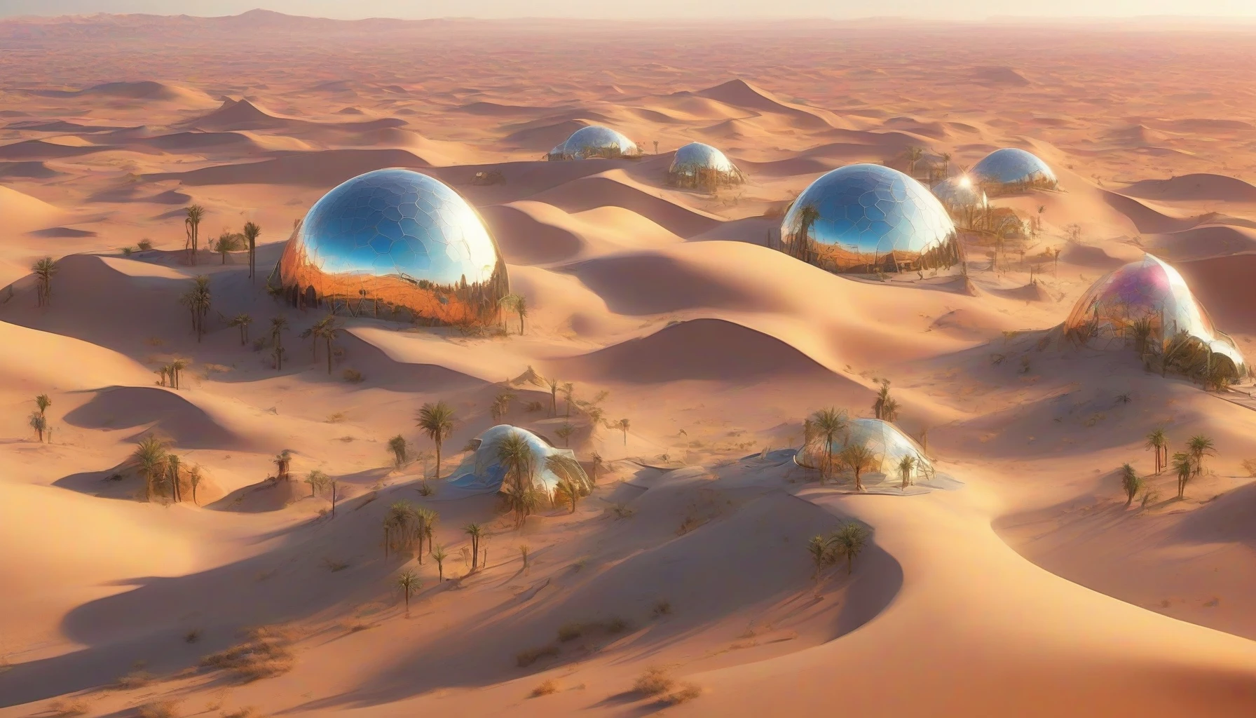 Imagine a sprawling futuristic dome city rising majestically from the sun-scorched sands of a vast desert. Gleaming glass and metallic structures reflect the brilliant sun, casting prismatic shadows across the arid landscape. Vibrant greenery thrives within the domes, creating a stunning contrast against the golden dunes. Beneath a sky painted with hues of orange and pink at sunset, the city pulses with life, a beacon of innovation and resilience in the harsh environment.