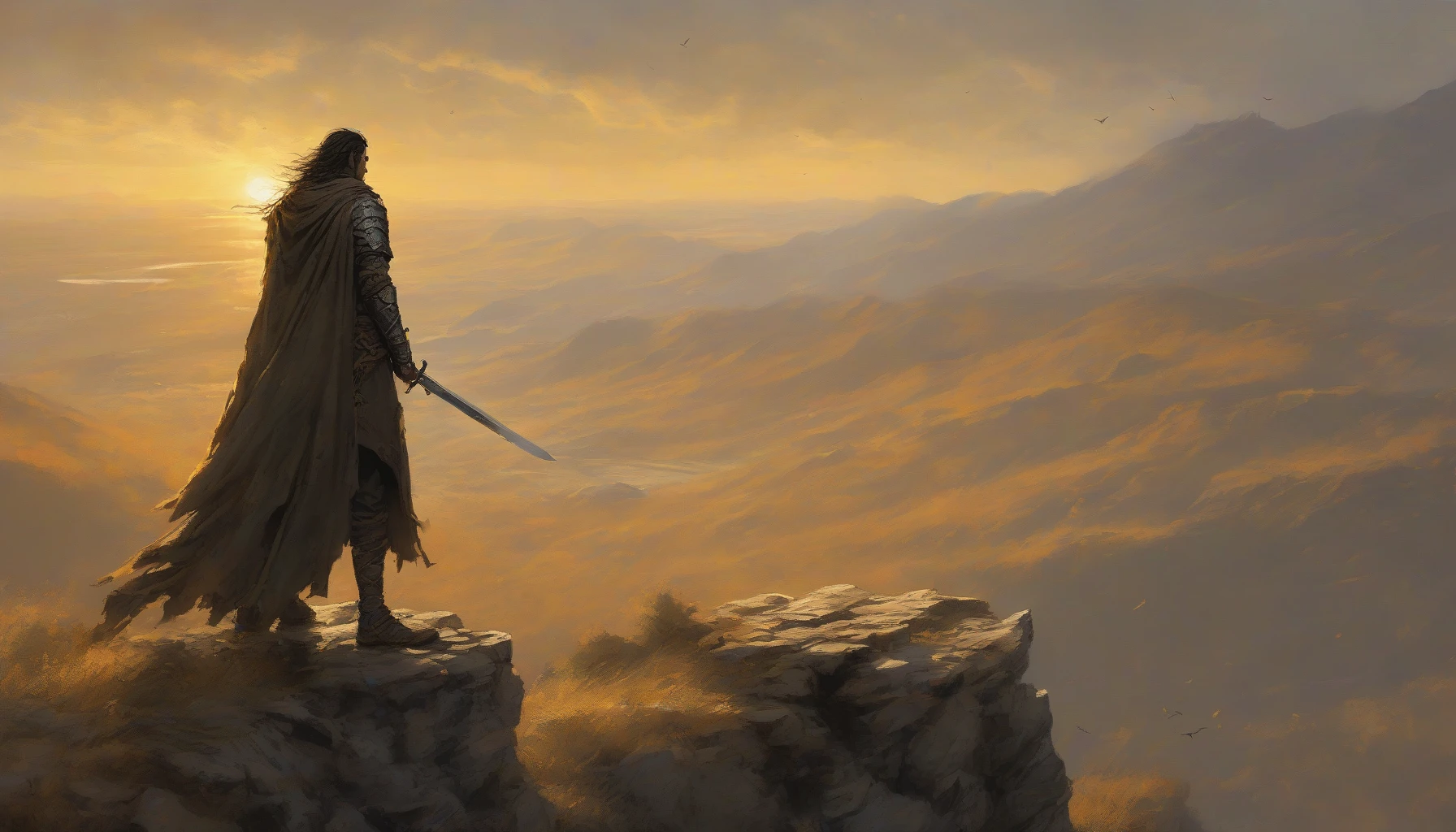 A lone warrior stands atop a windswept cliff, bathed in the golden light of a setting sun. His tattered cloak flutters dramatically, revealing scars of past battles etched on his weathered face. Below, an army awaits, their faces a mixture of hope and dread. The air is thick with tension as he raises his sword, forging a connection with his comrades, ready to charge into the unknown for a glorious farewell.