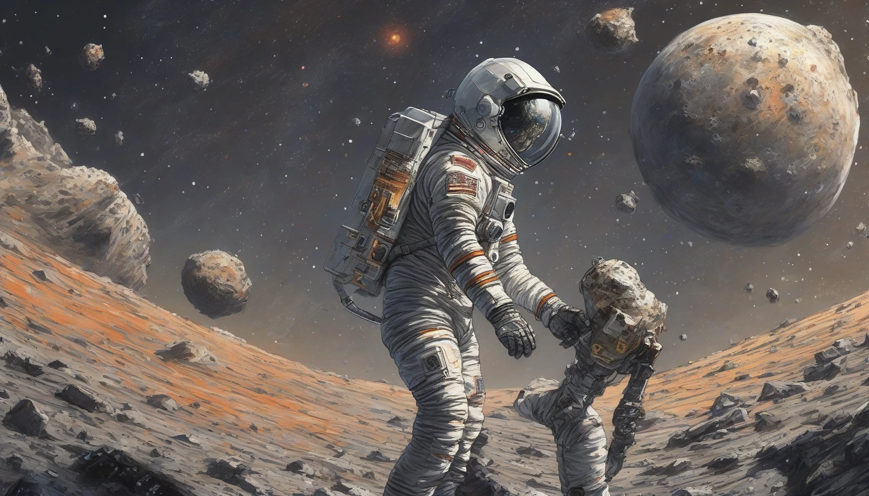 A lone space explorer drifts through the vastness of space, their damaged spacesuit showcasing the scars of countless adventures. Stars shimmer in the background, illuminating the remnants of an asteroid field. The suit, marked by burn marks and patches, tells a story of survival and resilience. As the astronaut gazes at distant planets, a sense of both isolation and wonder fills the scene, capturing the essence of exploration and vulnerability.