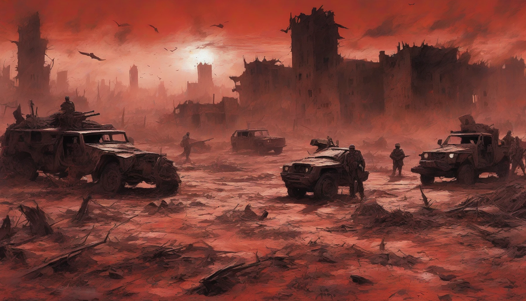 Envision a desolate war-torn landscape under a blood-red sky, where jagged silhouettes of ruined buildings pierce the horizon. Charred remnants of vehicles lie scattered across the cracked earth, surrounded by ghostly wisps of smoke. In the foreground, weary soldiers navigate the chaos, their expressions etched with determination and despair. The eerie light casts haunting shadows, creating a dramatic atmosphere of conflict and survival amidst overwhelming odds.