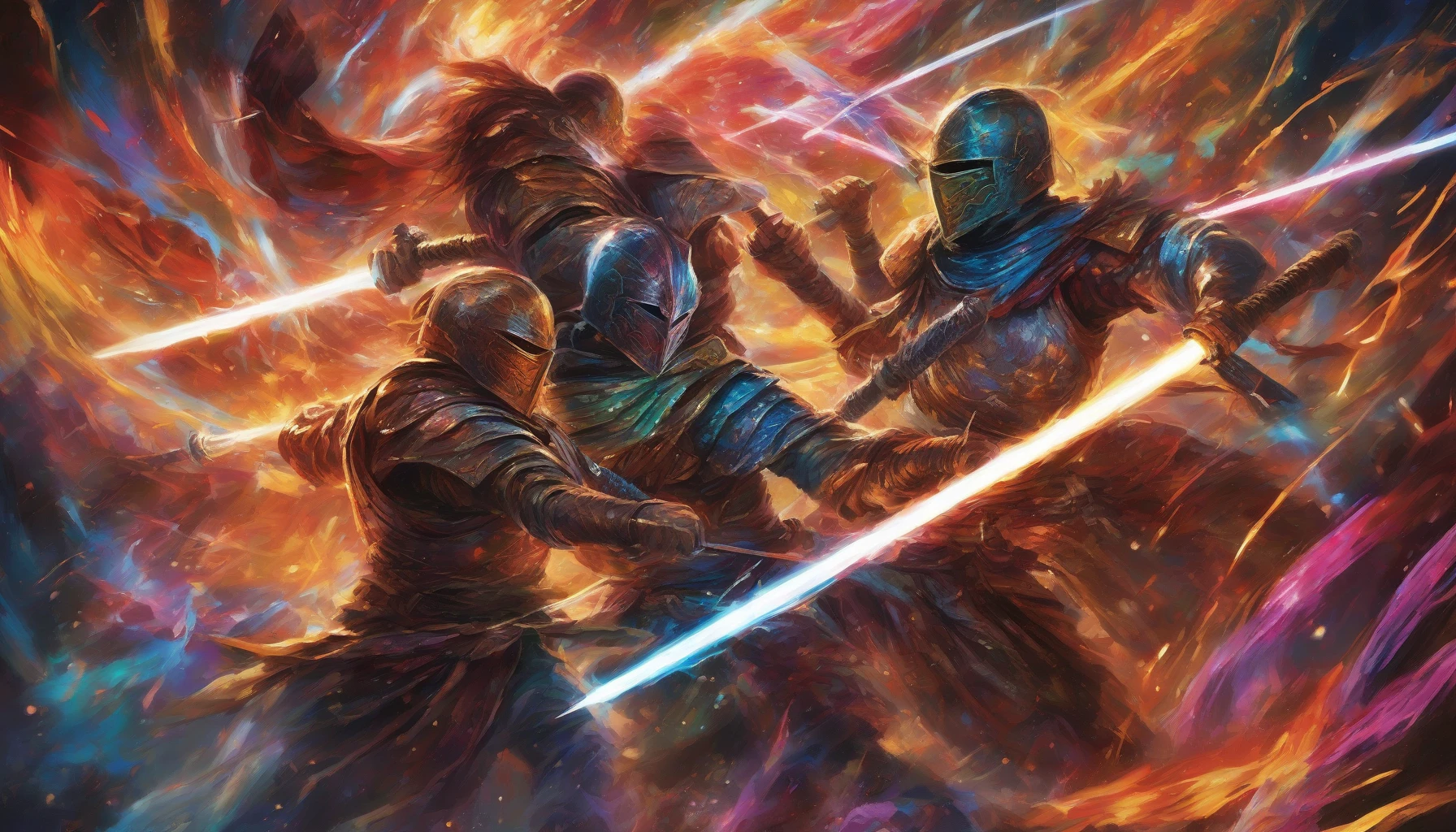 In a dynamic scene illuminated by the intense glow of two laser swords clashing, a fierce duel unfolds between two skilled warriors. Sparks erupt with each strike, casting vibrant reflections on their armor. The background is a chaotic blend of swirling colors, emphasizing the energy of the battle. Each warrior's face reveals determination, showcasing a moment where skill, bravery, and light collide in a spectacular display.