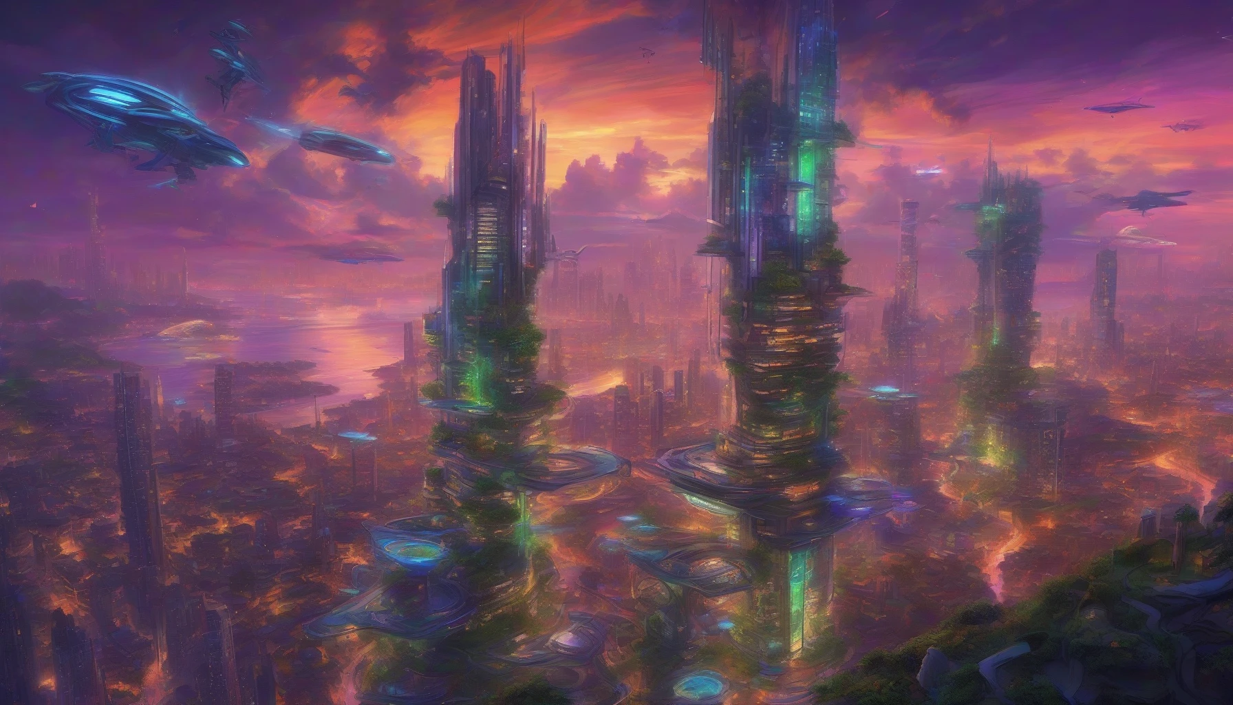 Imagine a breathtaking scene where a sprawling city of sleek, high-tech skyscrapers rises majestically from the azure waves, bathed in the vibrant hues of a dramatic sunset. Warm oranges and deep purples reflect off the glass facades, while flying vehicles zip through the sky. Below, bioluminescent paths wind through lush, green terraces, creating a stunning contrast against the shimmering ocean, where futuristic yachts glide effortlessly.