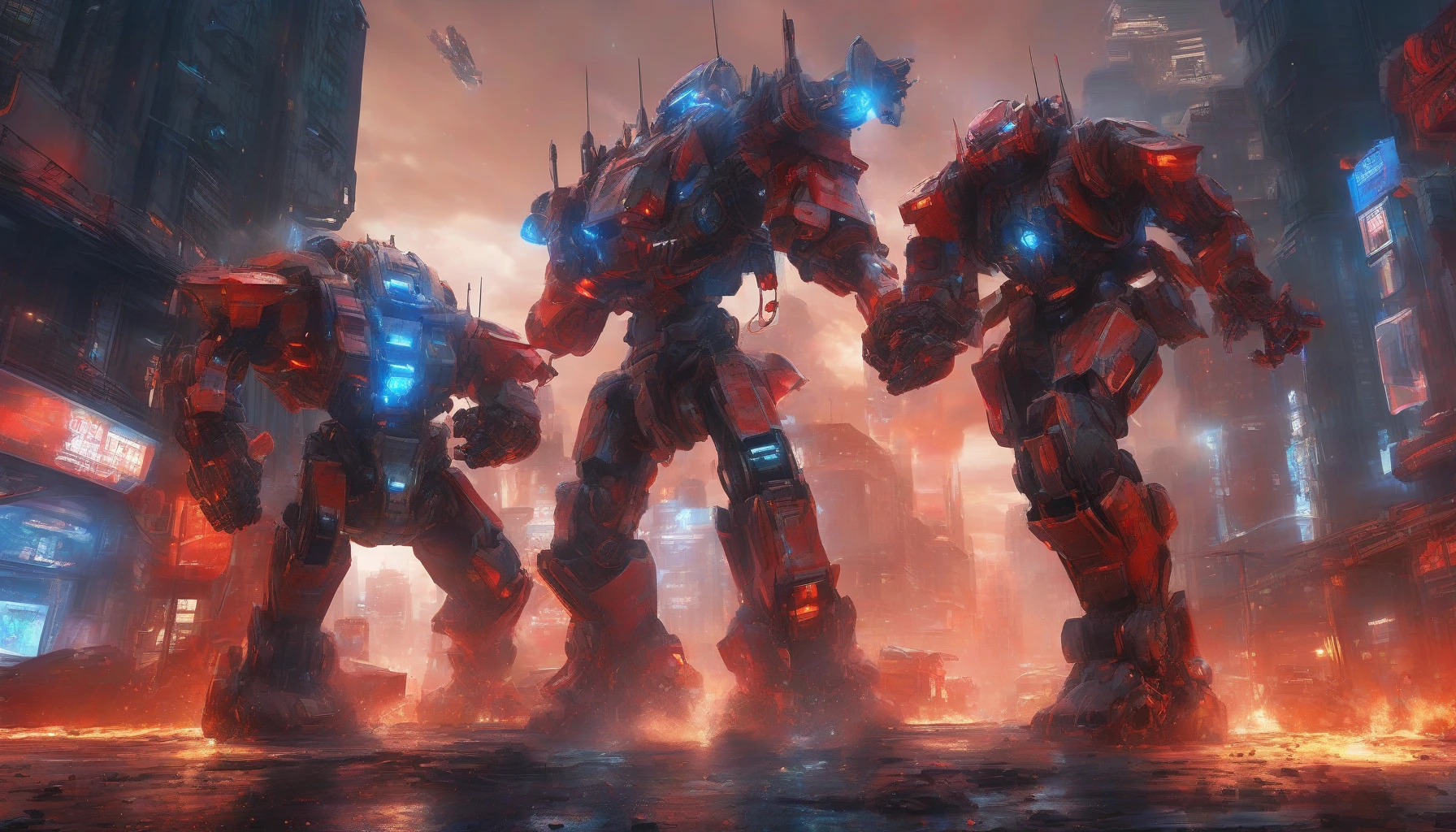 In a futuristic cityscape, two colossal mechs engage in an epic showdown, their metal frames glinting under the neon lights. One mech, adorned with fiery red accents, unleashes a torrent of missiles, while the other, a sleek blue titan, counters with a dazzling energy shield. Smoke and debris swirl around them as they clash, shaking the ground beneath, with skyscrapers looming in the backdrop, witnessing this monumental battle.