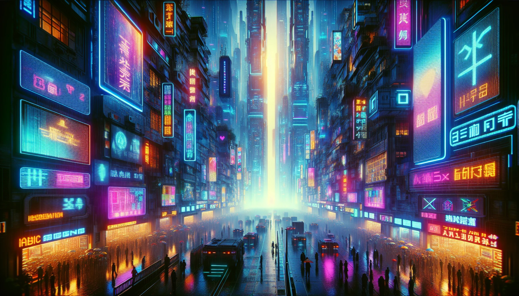 Immerse yourself in a vibrant cyberpunk cityscape, where towering skyscrapers glow with pulsating neon lights and holographic advertisements flicker in the rain-soaked streets. The air is thick with a buzz of technology and a hint of rebellion, as figures in sleek, futuristic attire navigate through bustling marketplaces filled with exotic wares. Above, drones zip through a haze of fog, adding to the electric atmosphere of this dystopian dream.