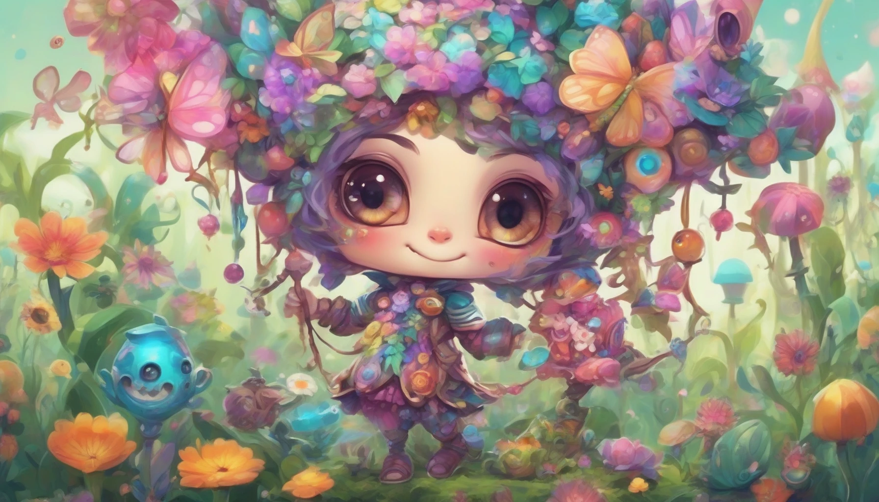 Create an enchanting chibi character that embodies exaggerated proportions, featuring oversized eyes, a playful grin, and whimsical attire. The character should be surrounded by a vibrant landscape filled with colorful flora and sparkling magical elements. Think of a dreamy, exaggerated world where every detail pops, from the tiny creatures that accompany the character to the lush, oversized plants, all bathed in a warm, inviting glow.