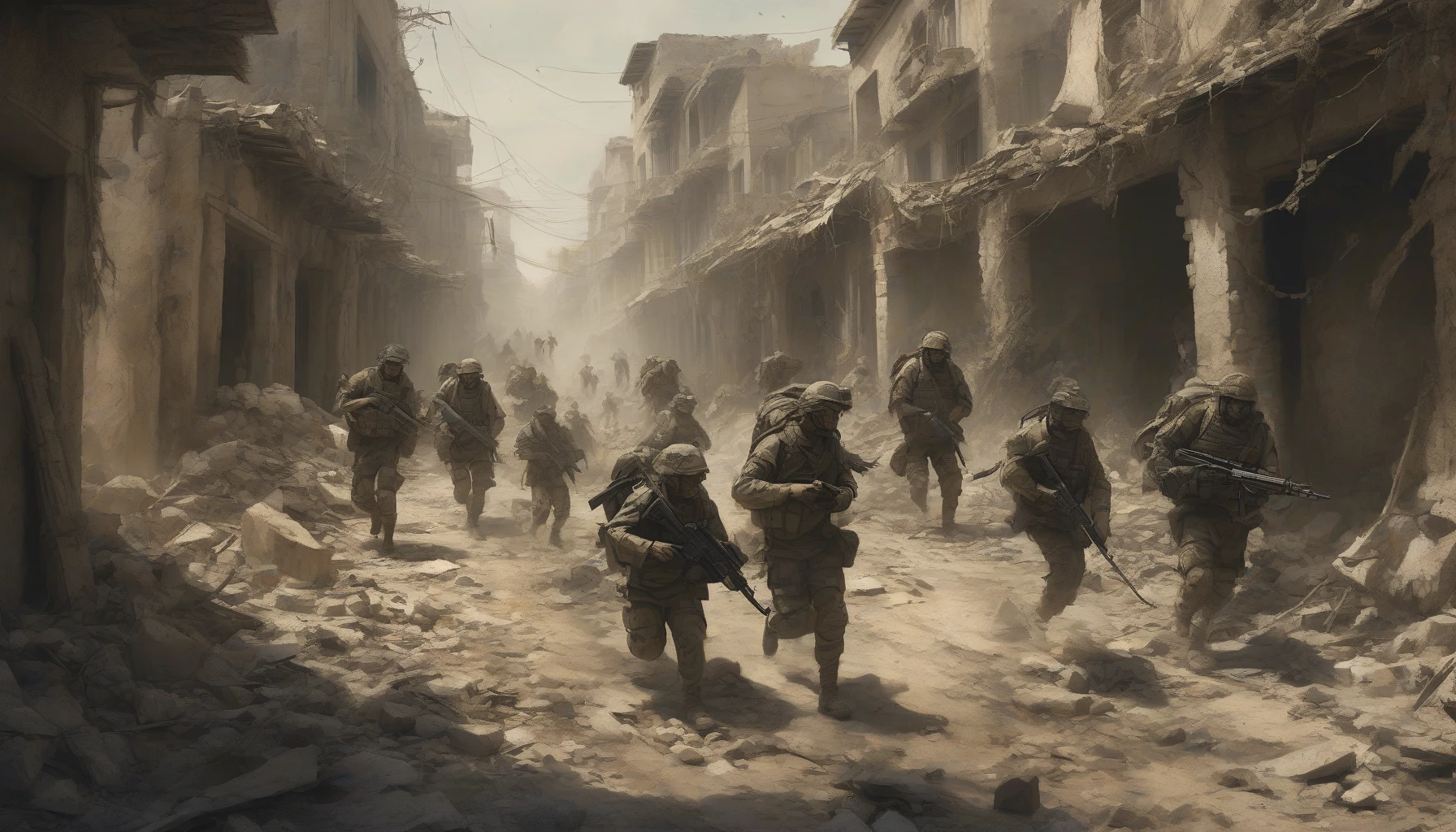 Picture a narrow, crumbling street lined with the remnants of an ancient city, where fallen stone structures and overgrown vines tell tales of conflict. In the foreground, a squad of soldiers, clad in tactical gear, advances cautiously, their faces determined yet weary. Dust swirls around them as they navigate debris, while distant shadows hint at unseen dangers. The atmosphere is tense, evoking a sense of resilience and bravery against the backdrop of devastation.