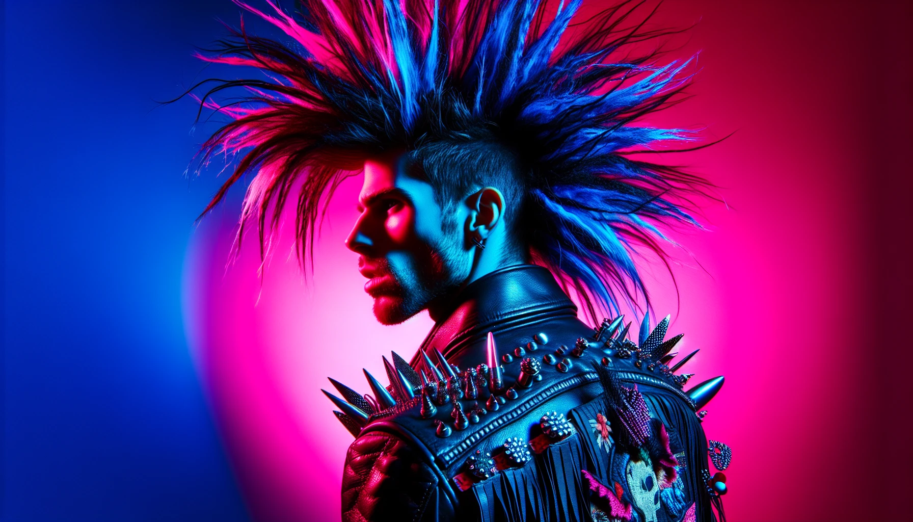 Capture the essence of rebellion with a striking image of a punk rocker showcasing an extravagant spiked hairstyle. Vibrant colors burst through the scene, with bold shades of electric blue and neon pink illuminating the background. The rocker's leather jacket adorned with patches reflects a raw and edgy vibe, while their fierce expression conveys a strong sense of individuality and defiance against conformity.