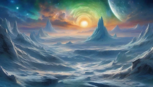 Imagine standing on a rugged, ice-covered moon, gazing up at the colossal ringed gas giant dominating the starry sky. Its swirling clouds of vibrant blues and greens are illuminated by the distant sun, while brilliant rings cast shadows on the moon's surface. Shimmering ice crystals reflect the colorful light, creating a breathtaking, ethereal landscape that feels both majestic and otherworldly.