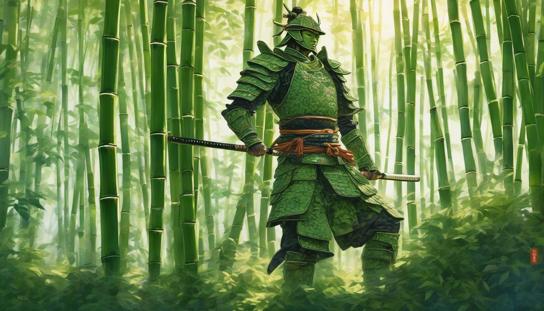 A majestic samurai stands poised amidst towering bamboo stalks, their emerald leaves whispering secrets in the breeze. Clad in intricate armor that reflects the light of the setting sun, the warrior's gaze is fierce and focused. The serene yet vibrant atmosphere is amplified by dappled sunlight filtering through the canopy above, casting playful shadows on the moss-covered ground, evoking the spirit of ancient Japan.