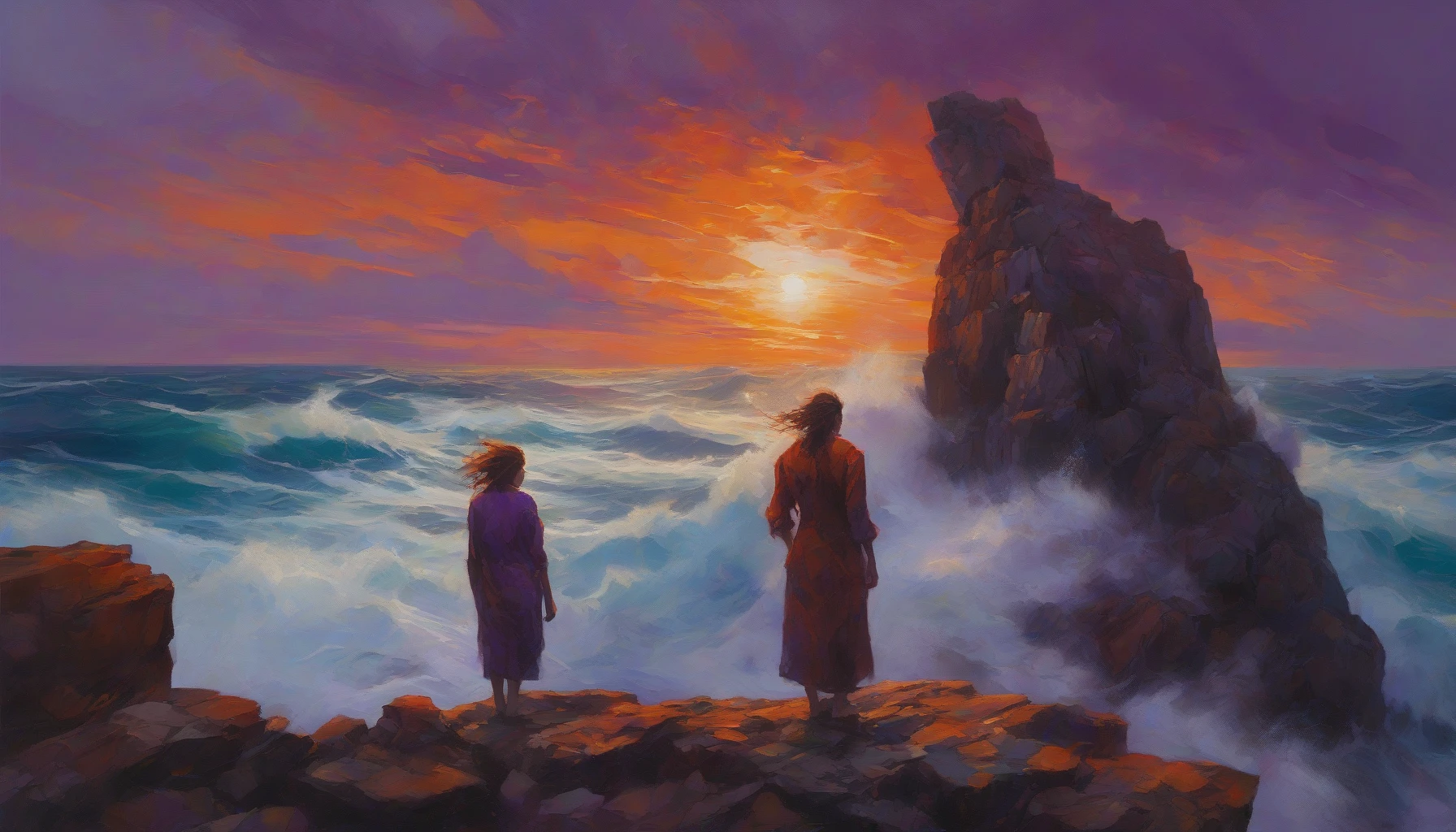 Capture a figure standing at the edge of a steep cliff, overlooking a turbulent sea, their intense, determined gaze fixed on the horizon. The wind tousles their hair, and the sun sets in vibrant hues of orange and purple behind them, casting a dramatic light. The surrounding rocks are rugged and battered, symbolizing the challenges ahead, while a sense of hope and resilience emanates from their stance.