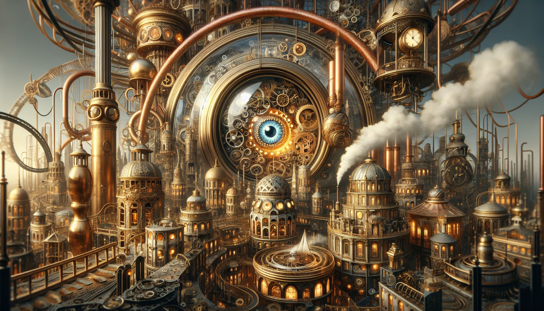 Immerse yourself in a fantastical world where Victorian elegance meets intricate machinery. Picture a bustling steampunk city, with towering brass structures adorned with copper piping, rotating gears, and steam billowing from ornate chimneys. Delve into the details of a mechanical marvel—an intricate automaton with glowing eyes and delicate clockwork components. The atmosphere is rich with the hum of innovation and the charm of a bygone era.