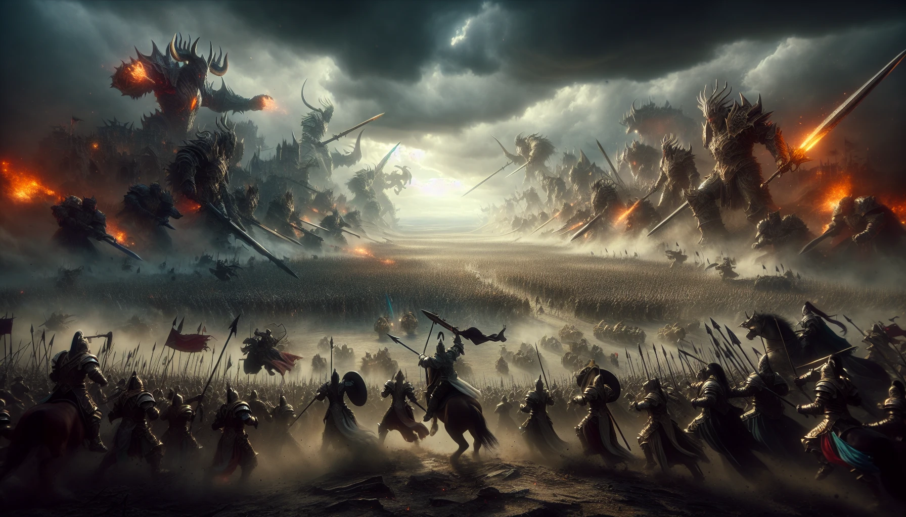 In a sprawling, war-torn landscape, two formidable armies face off against each other beneath a stormy sky. The ground trembles as armored knights clash with fierce warriors, their battle cries echoing through the air. Bright flashes of magic illuminate the scene, while colossal beasts rise in the backdrop. Dust swirls around the combatants, and the tension builds, capturing the essence of an unforgettable final showdown.