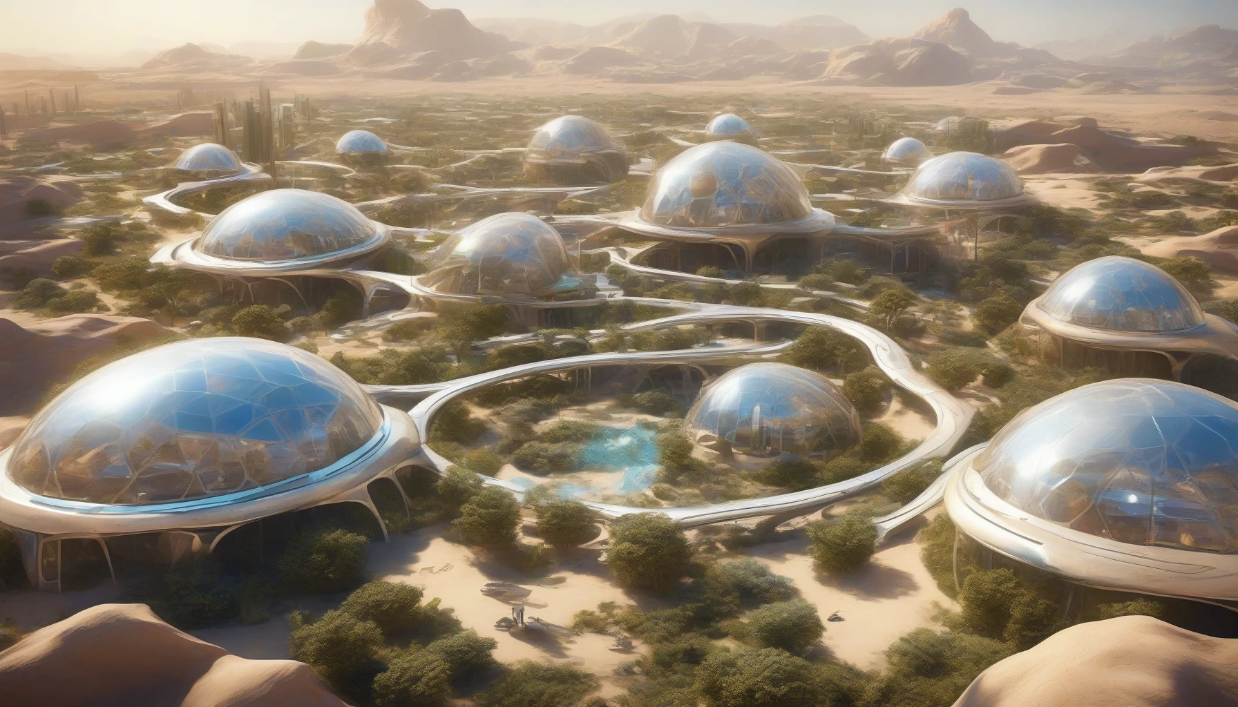 Picture a vast, sun-drenched desert where a sprawling futuristic dome city emerges, glistening under a brilliant azure sky. The sleek, transparent domes are interconnected by elevated walkways, surrounded by lush greenery and vibrant gardens. Solar panels shimmer on rooftops, while advanced drones zip through the air. Sands shift underfoot, reflecting the harmony between cutting-edge technology and the raw beauty of nature, creating an oasis of innovation amidst arid surroundings.