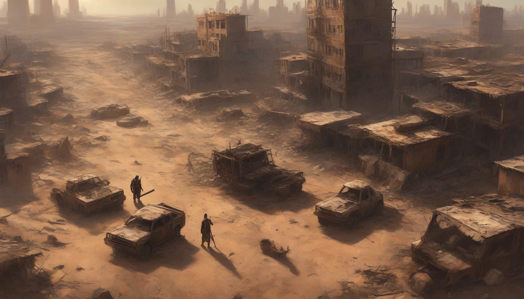 Picture a vast, barren landscape, marred by the remnants of a collapsed civilization. Rusted vehicles lay abandoned, half-buried in the cracked earth. Scattered debris catches the fading sunlight, casting long shadows. A lone survivor, clad in makeshift armor, navigates this harsh terrain, clutching a hand-forged weapon. In the distance, crumbling skyscrapers loom like ghosts, while ominous storm clouds gather, hinting at the danger that lurks within this desolate reality.