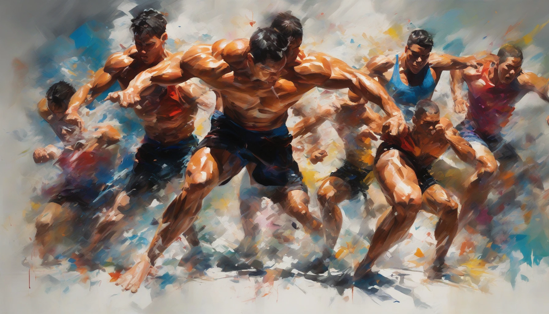 A captivating scene showcasing a group of athletes in mid-action, their bodies frozen in dynamic poses that exude energy and strength. The dramatic lighting accentuates each muscle and movement, casting striking shadows that add depth and intensity. Splashes of color from the environment create a vibrant backdrop, while the interplay of light and shadow enhances the overall dramatic effect, drawing the viewer into this electrifying moment.