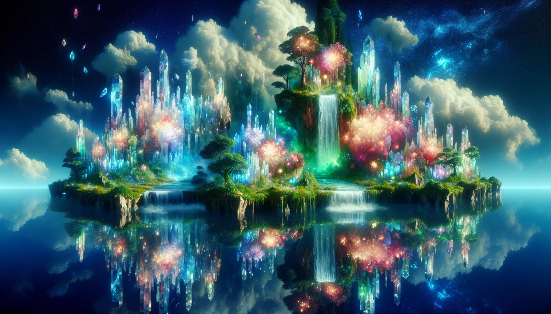 Imagine a breathtaking landscape where vibrant, luminescent crystal gardens float gracefully in the sky. Each garden boasts cascading waterfalls of sparkling water, surrounded by lush greenery and blooming flowers that shimmer with ethereal colors. Wisps of cloud drift lazily by, reflecting the radiant hues of the crystals, while whimsical creatures dart between the gardens, adding life to this serene and enchanting paradise.